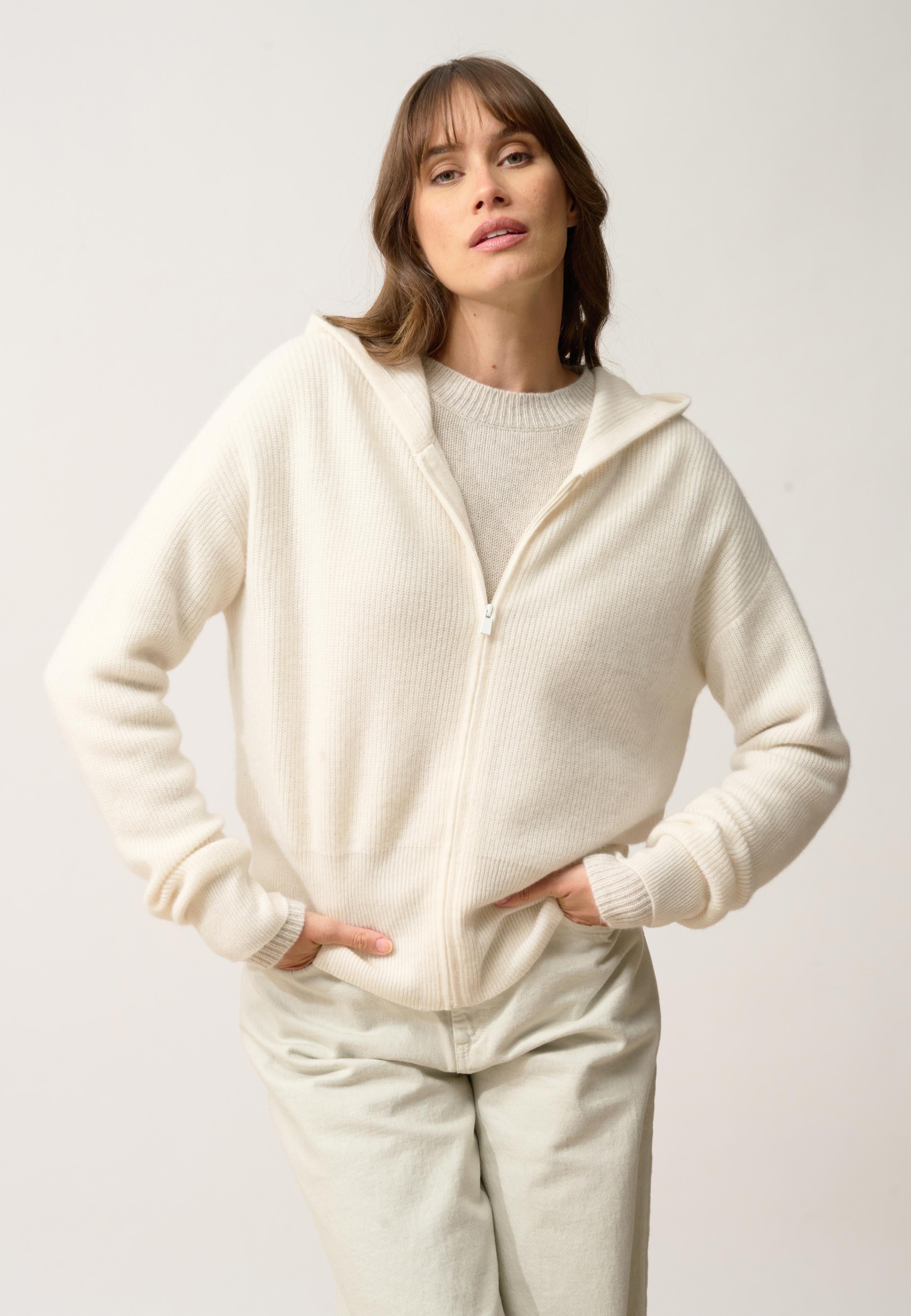 HELGA gilet col zippé capuche ivoire