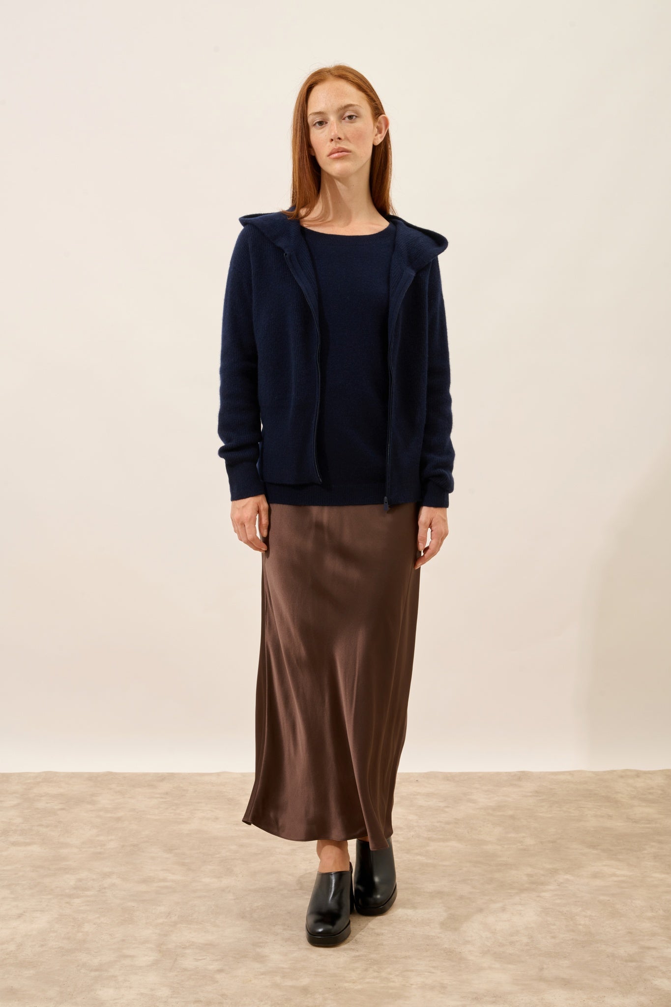 HELGA navy zip-up hooded cardigan