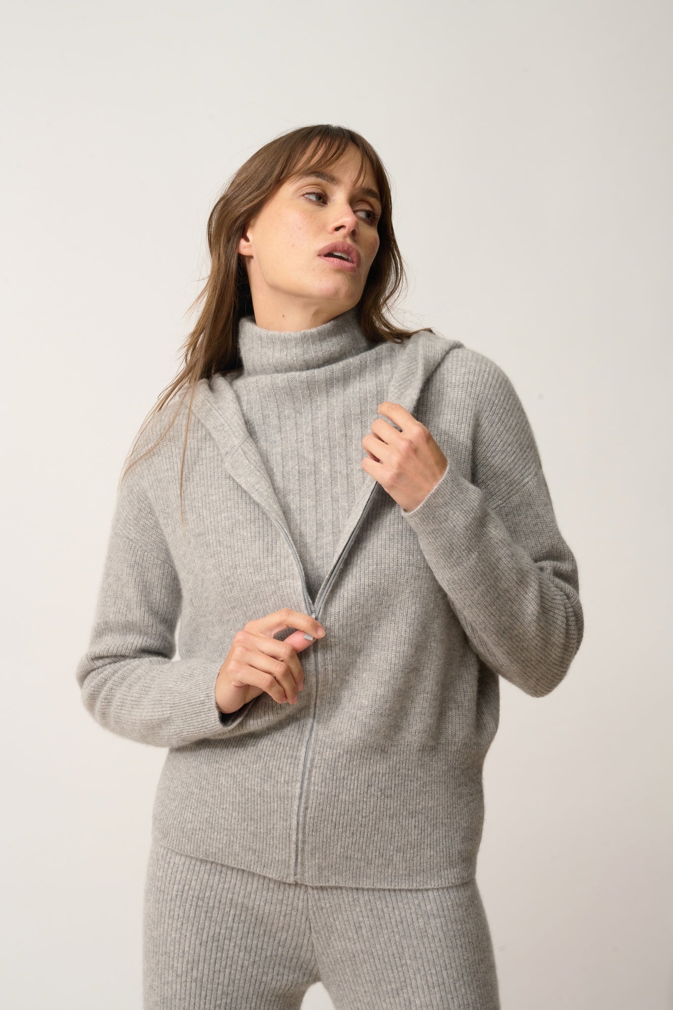 HELGA hooded zip-neck cardigan nuage chiné