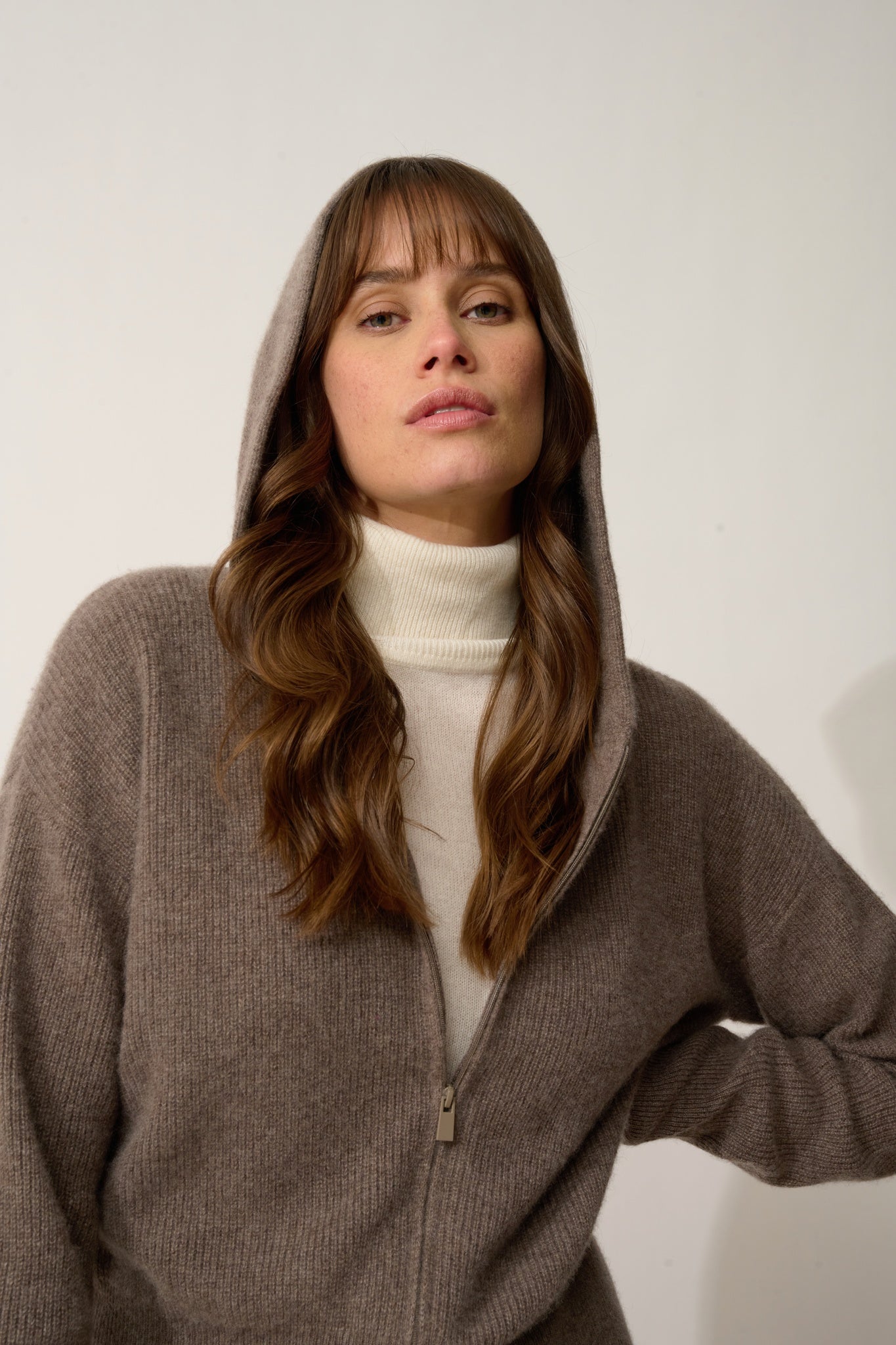 HELGA taupe mottled hooded zip-neck cardigan