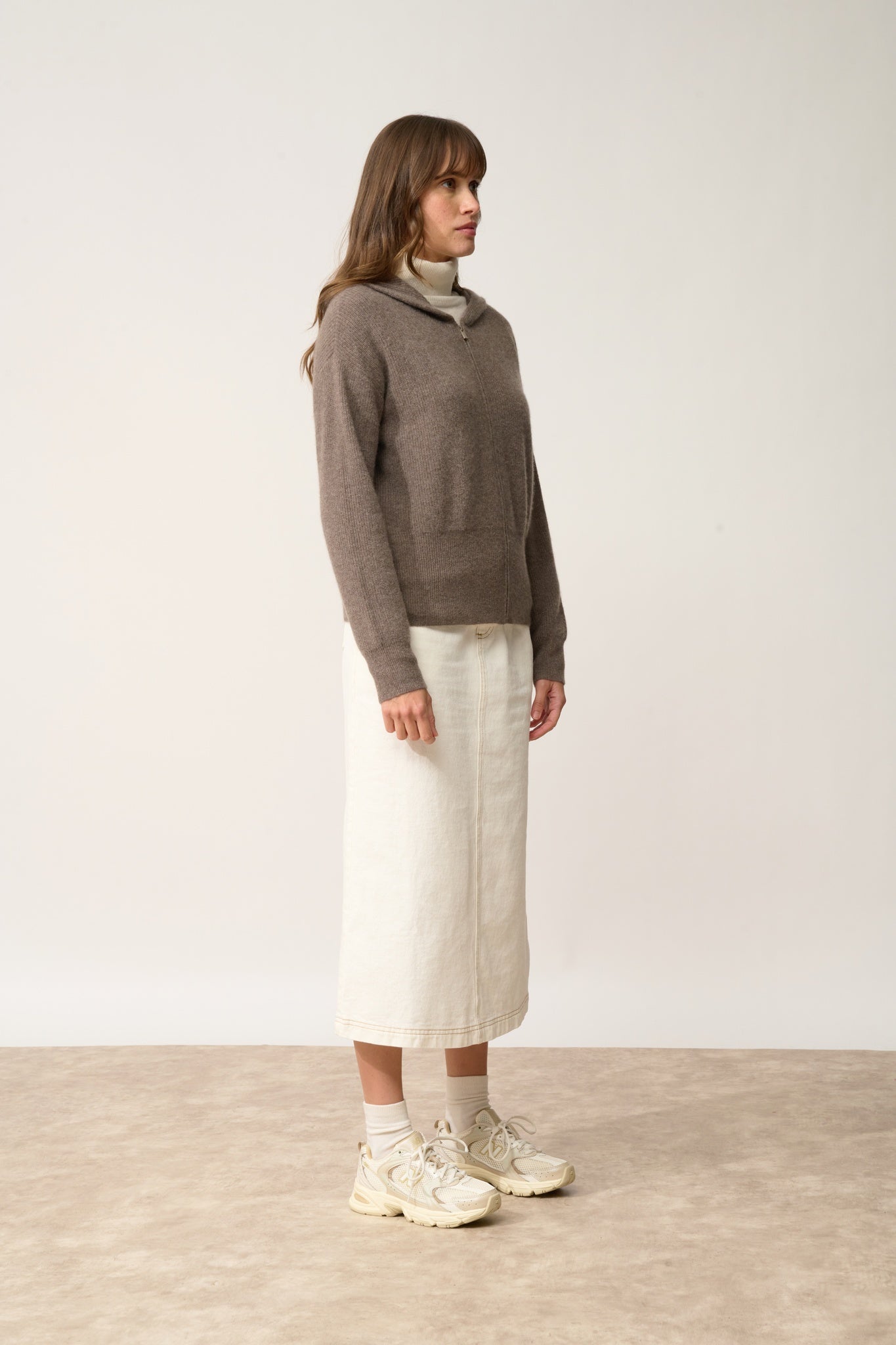 HELGA taupe mottled hooded zip-neck cardigan