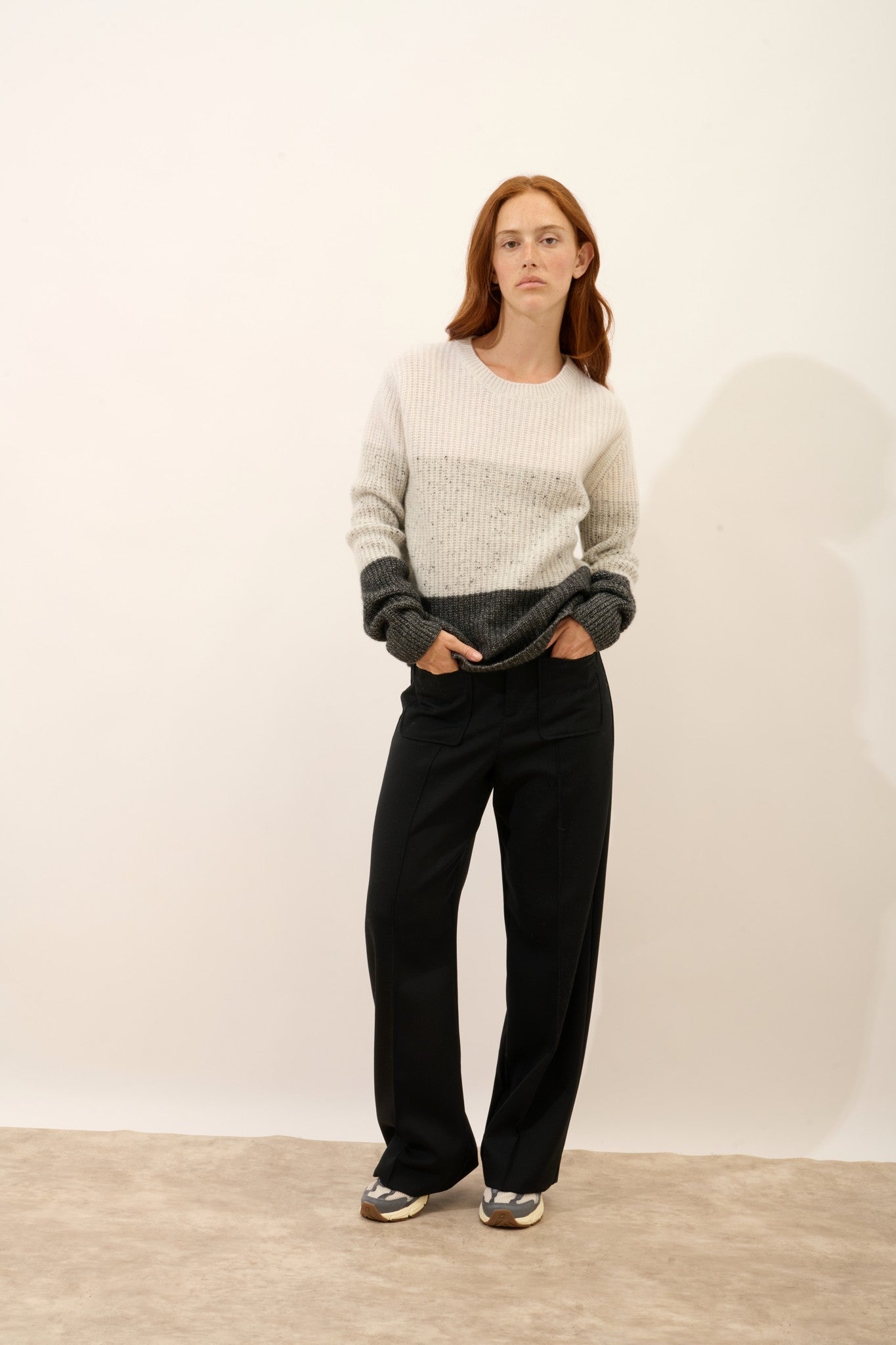 ilyana pull col rond 6 fils tri-color blanc chiné/(gris/noir)/(noir/blanc) 100% cachemire