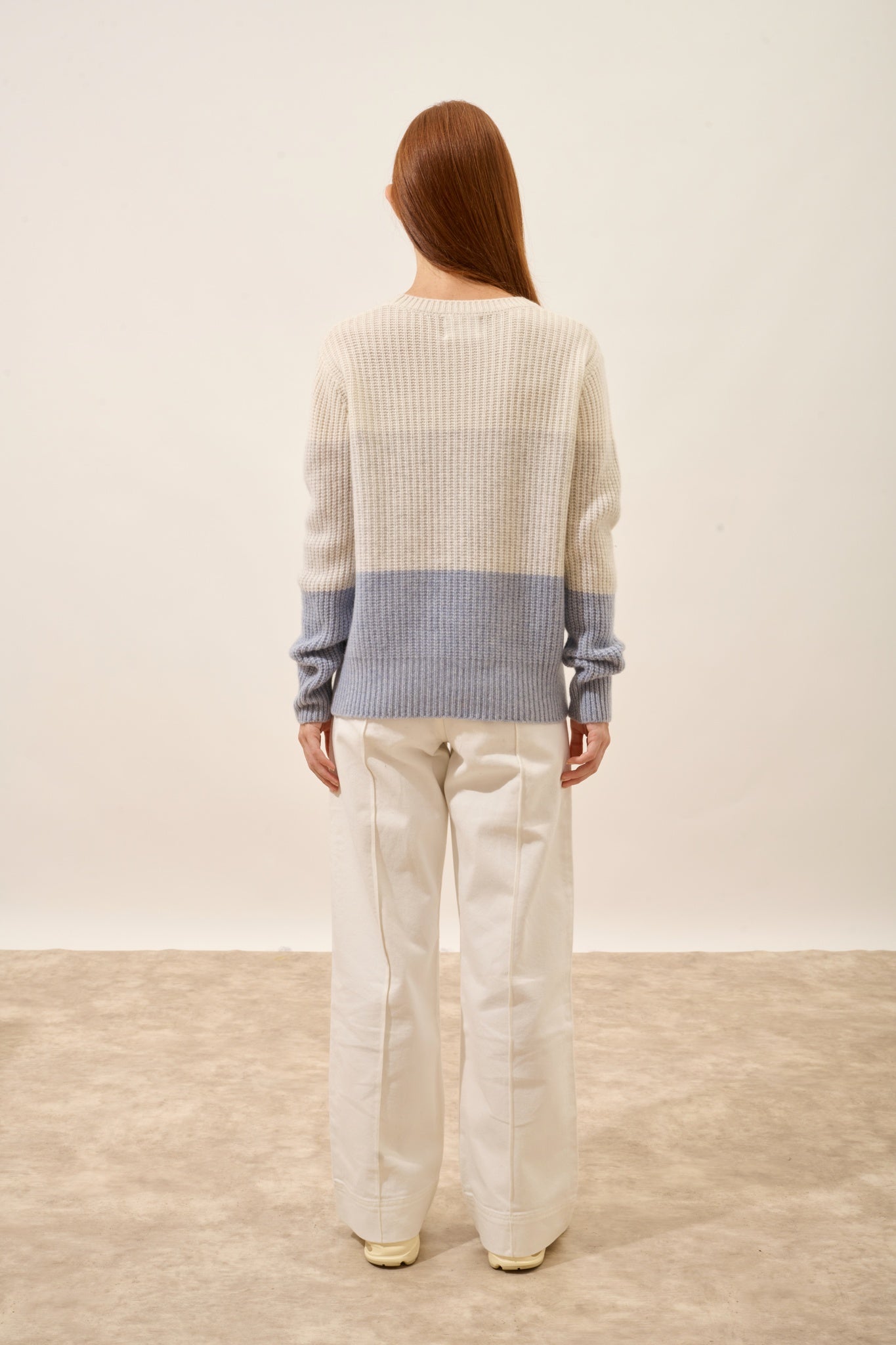 ILYANA pull col rond 6 fils tri-color ivoire/gris perle chiné/bleu ivoire