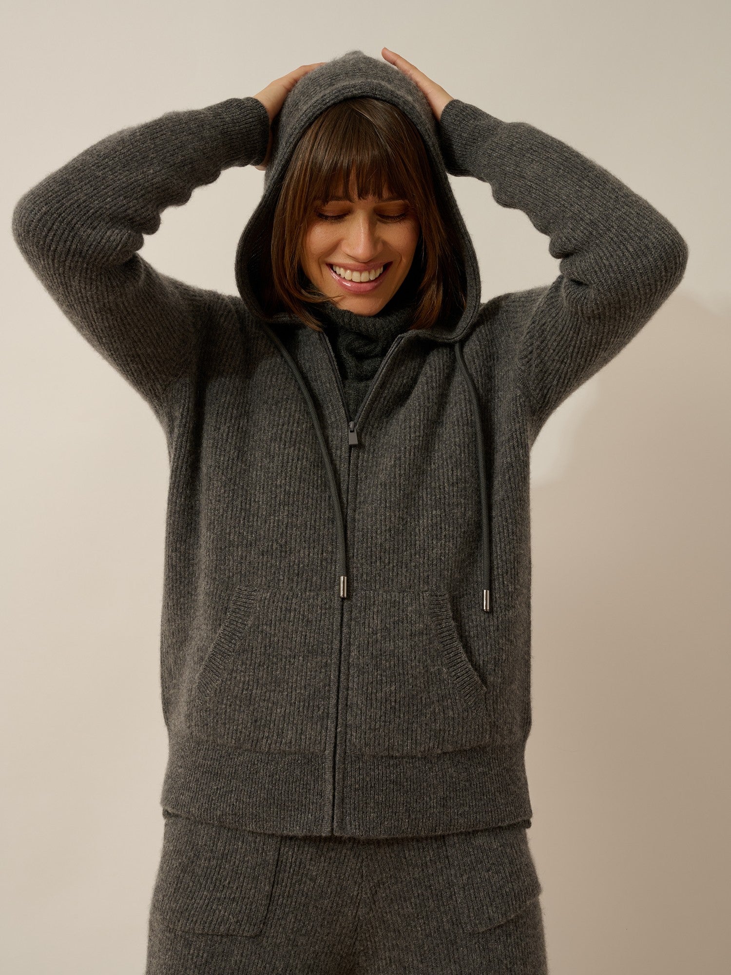 jijisun zip-up hooded cardigan in heathered charcoal gray