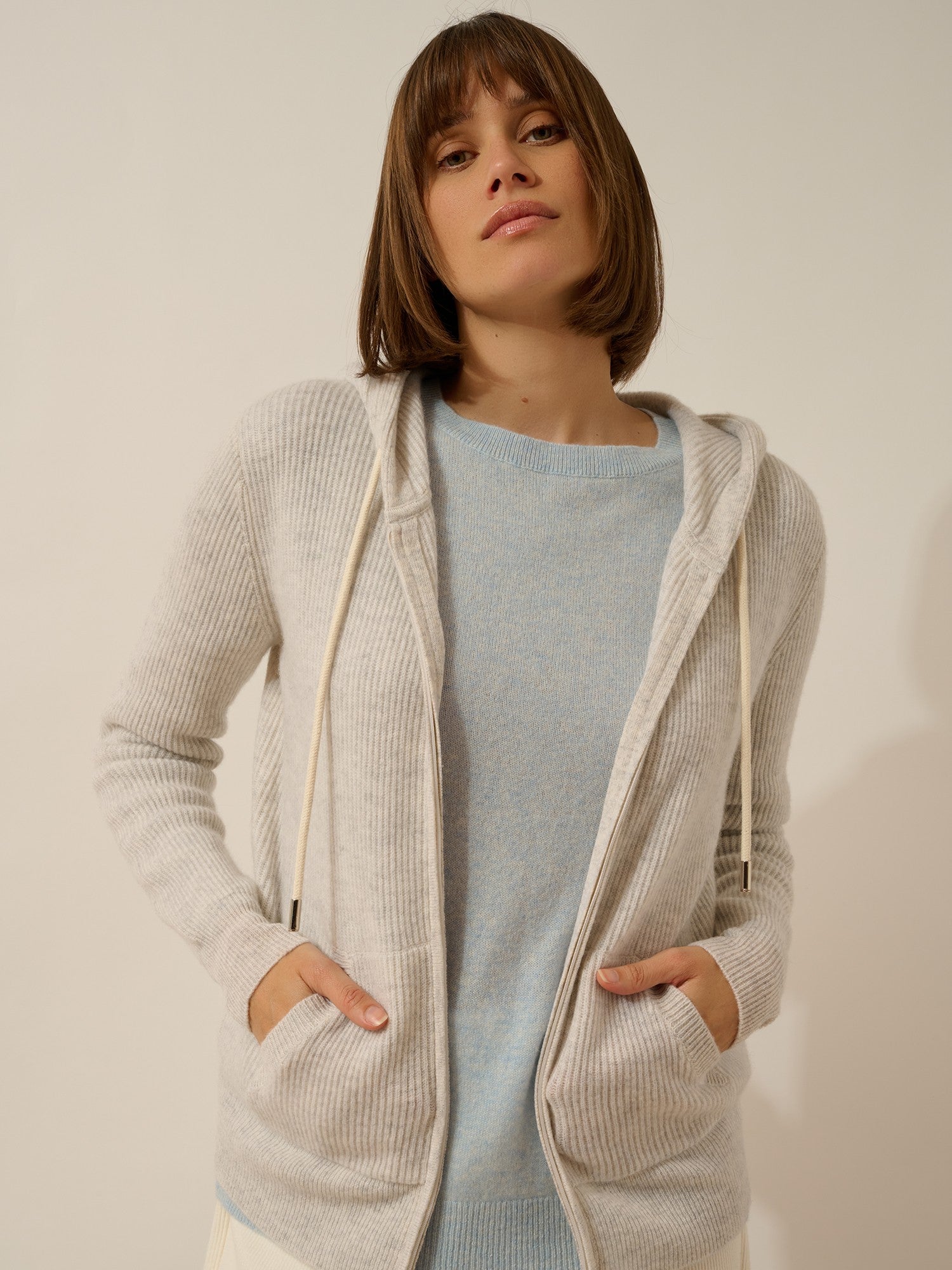 Jijisun zip-up hooded cardigan in pearl gray heather