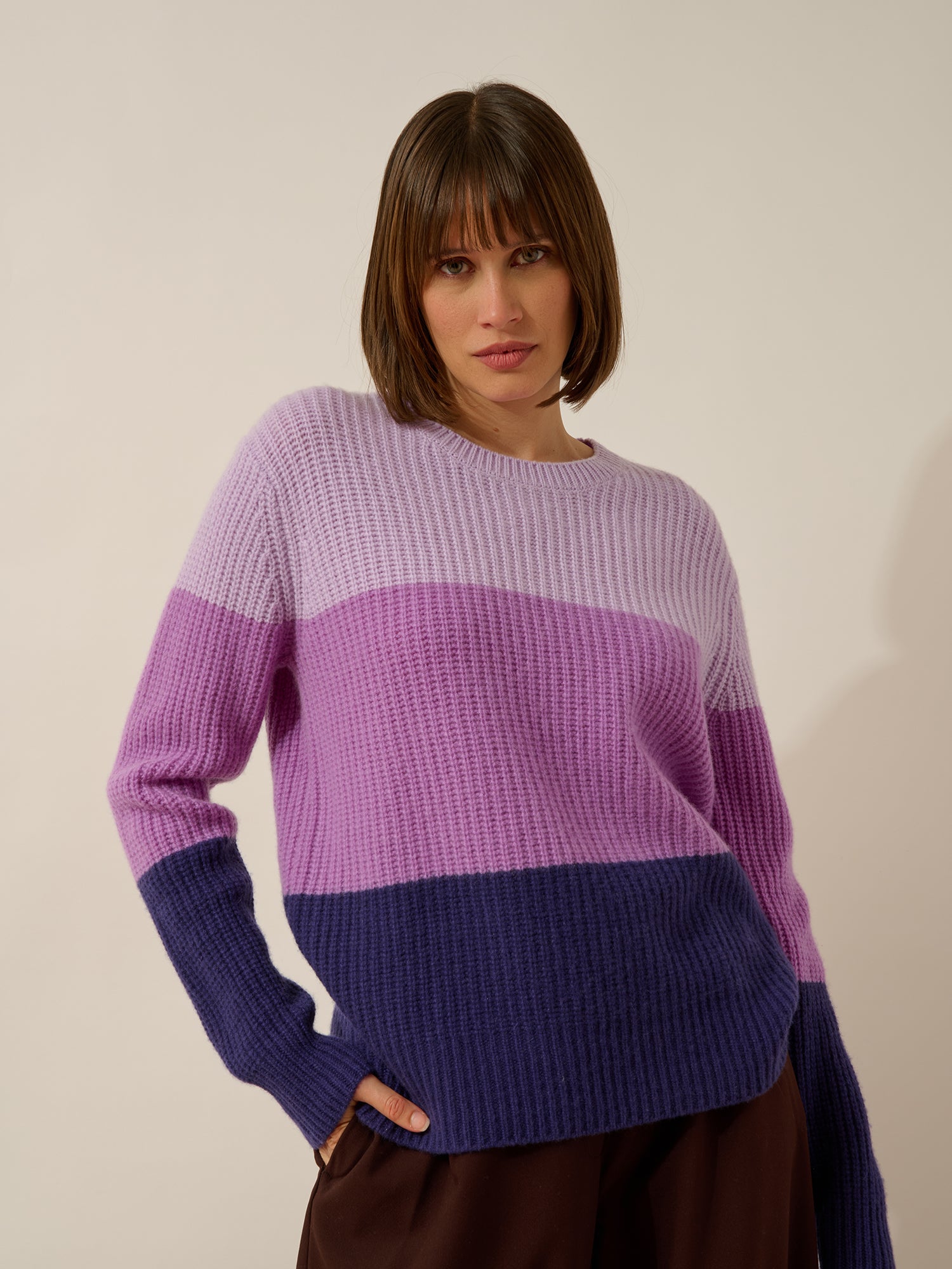 ILYANA pull col rond 6 fils tri-color mauve/parme/purple