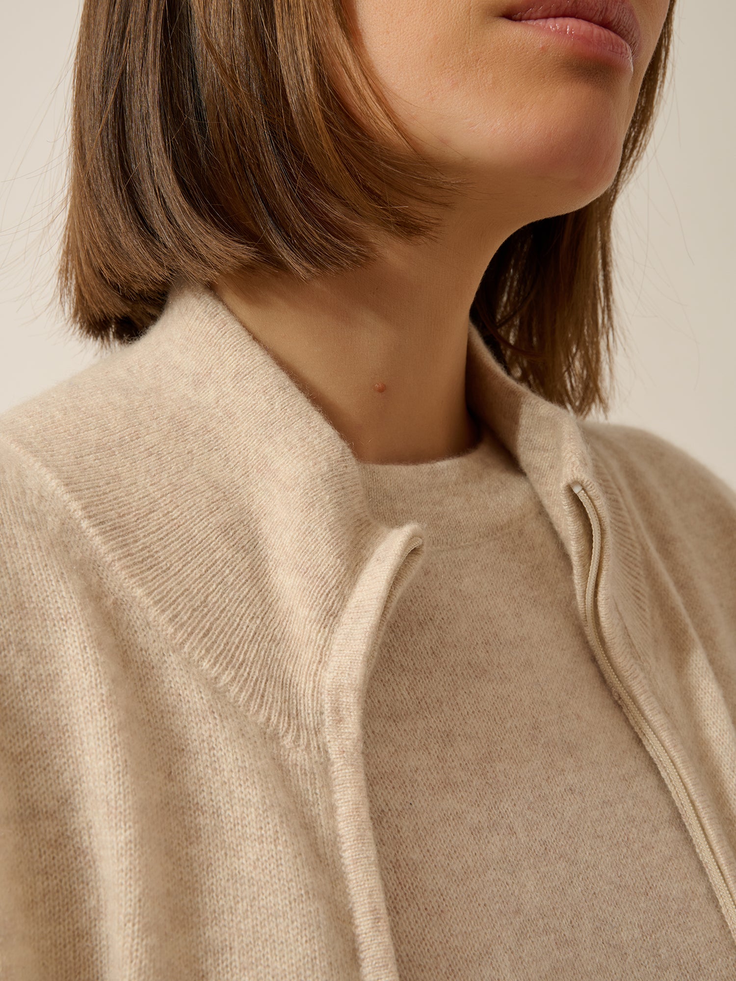 AYR beige heathered zip-up cardigan with stand-up collar