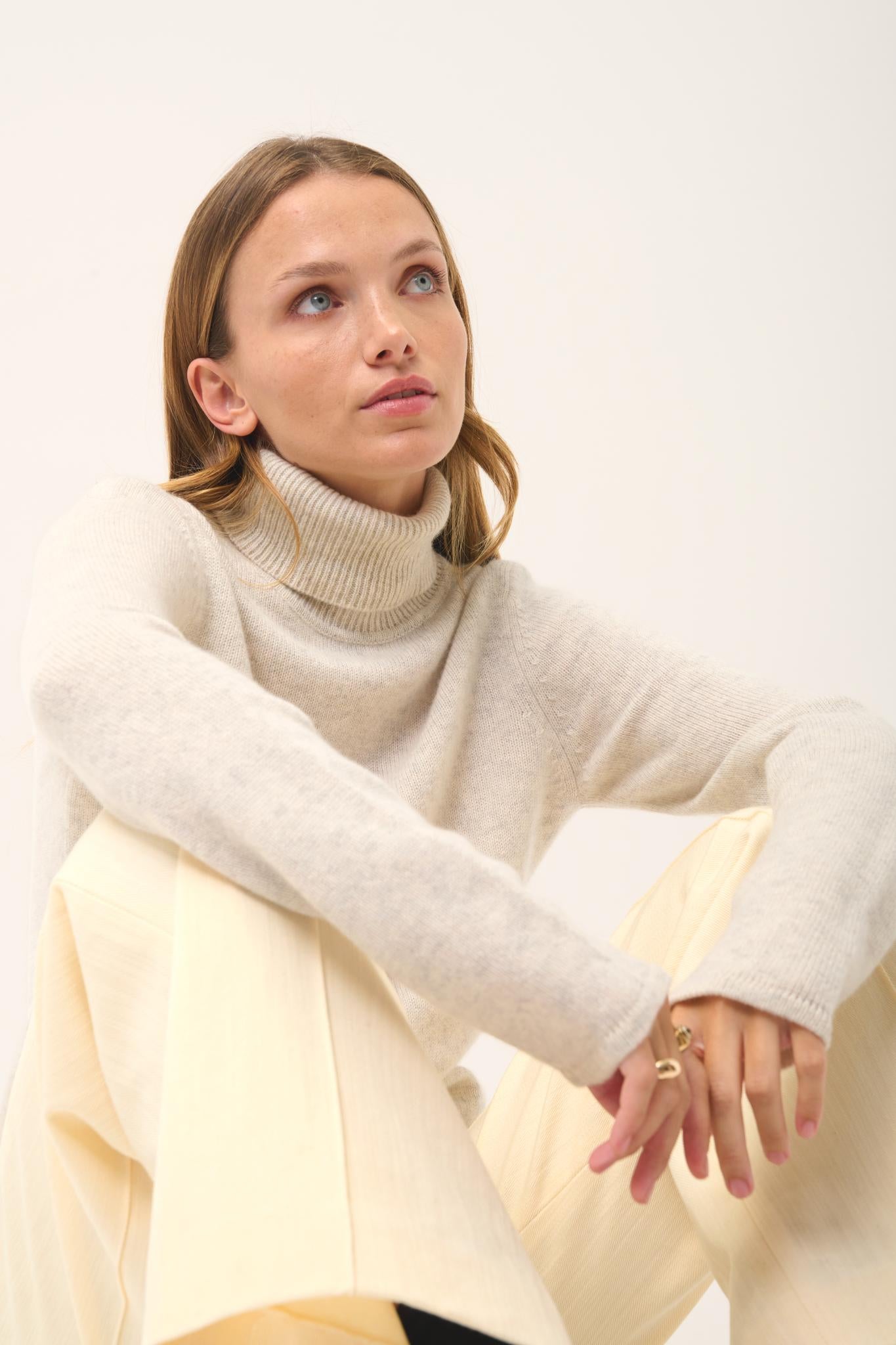 JUNE pull col roulé gris perle chiné