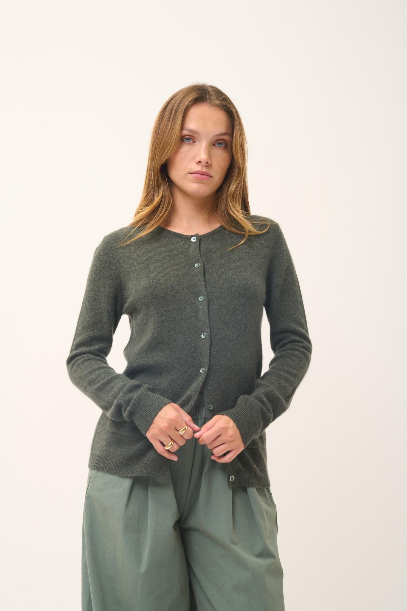 KATHARINE khaki mottled round-neck cardigan