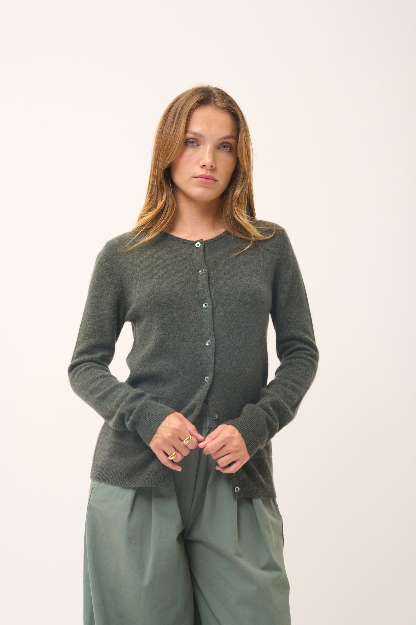 KATHARINE cardigan col rond kaki chiné