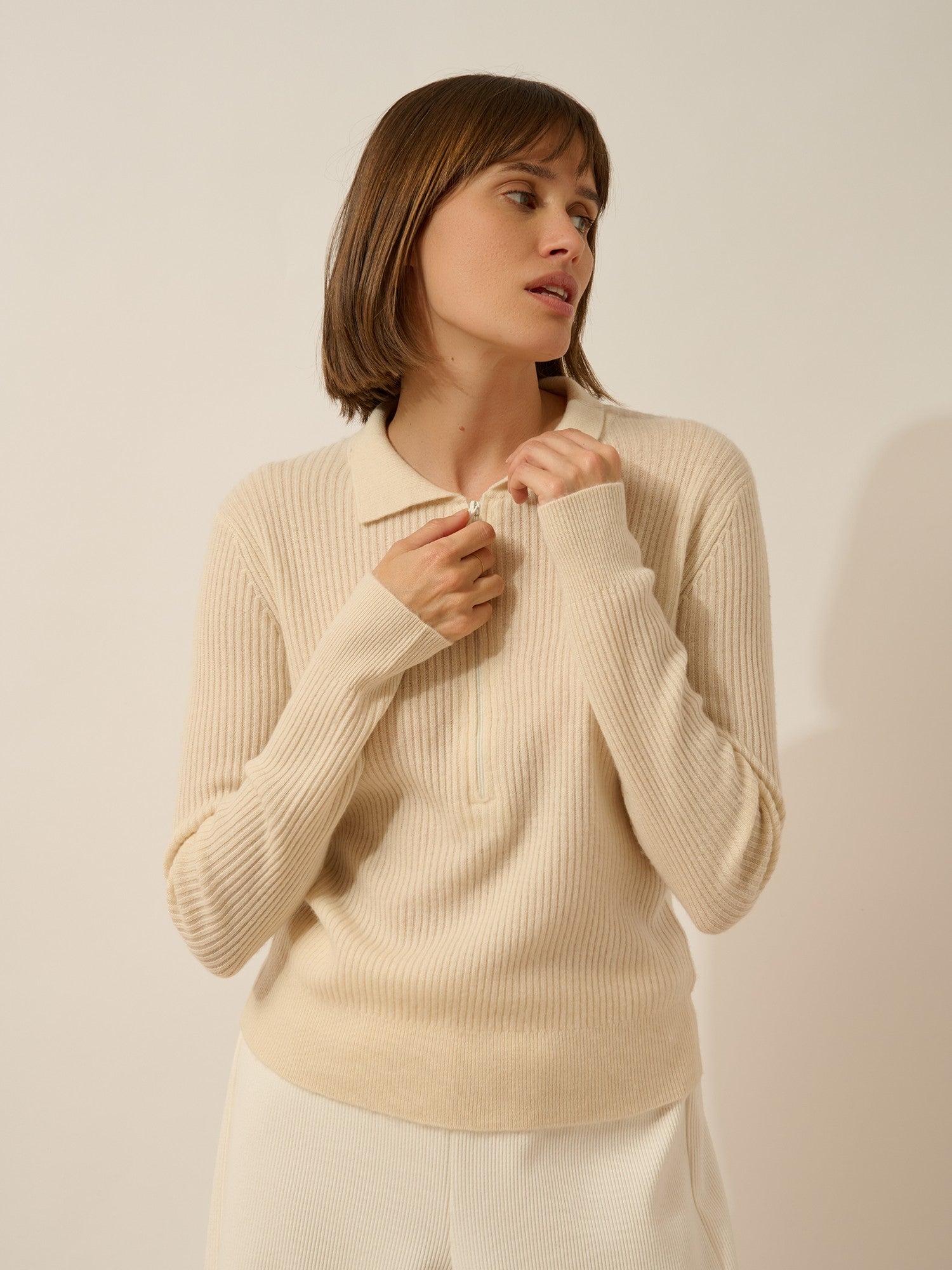 kristjan polo col zippé manches longues ivoire