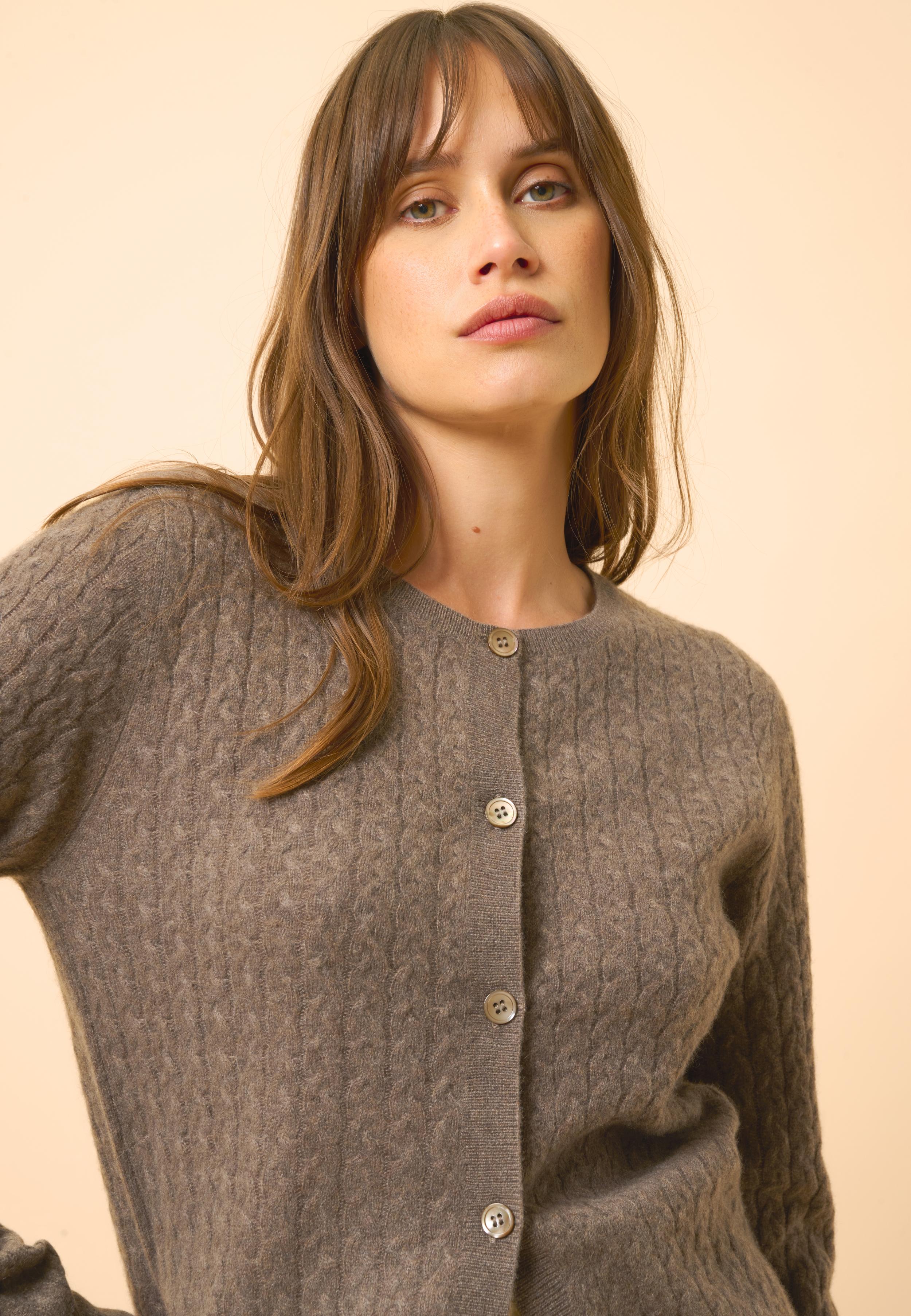 LAURA taupe mottled round-neck cardigan
