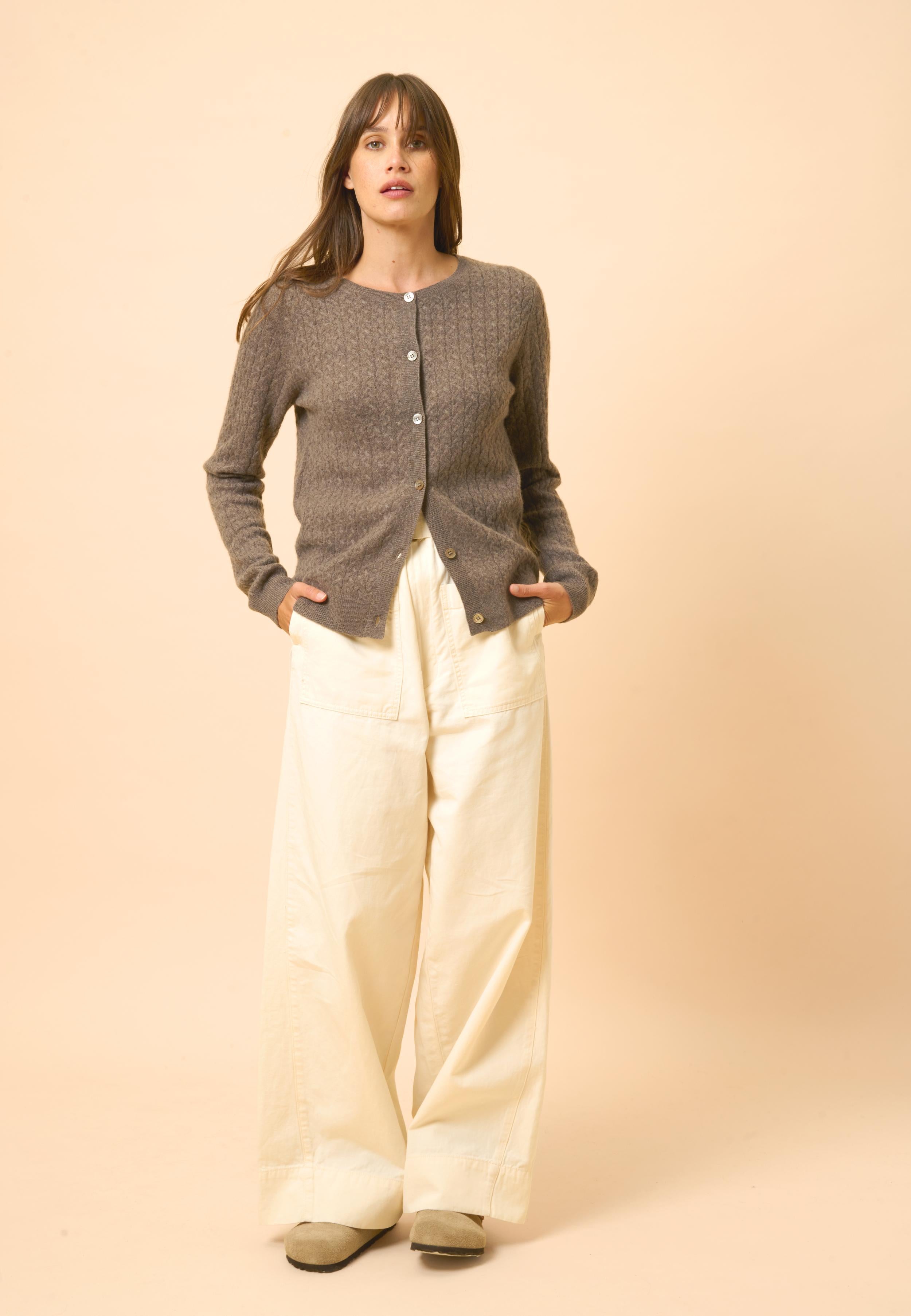 LAURA taupe mottled round-neck cardigan