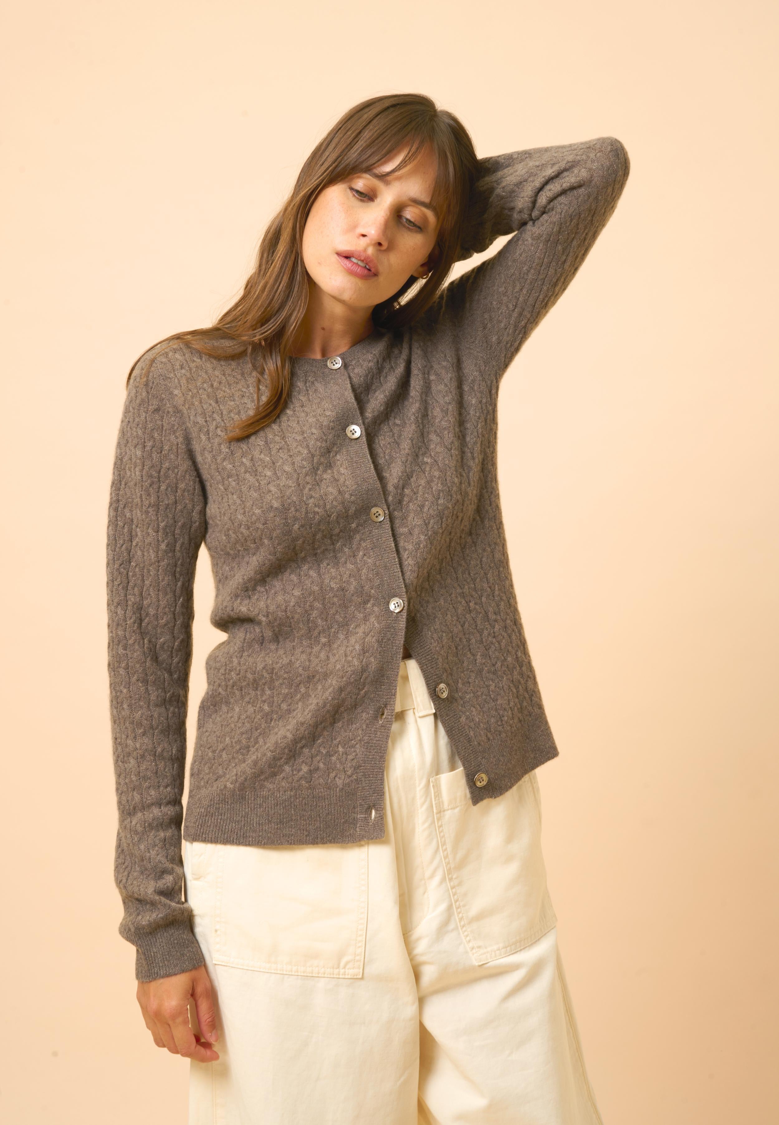 LAURA taupe mottled round-neck cardigan