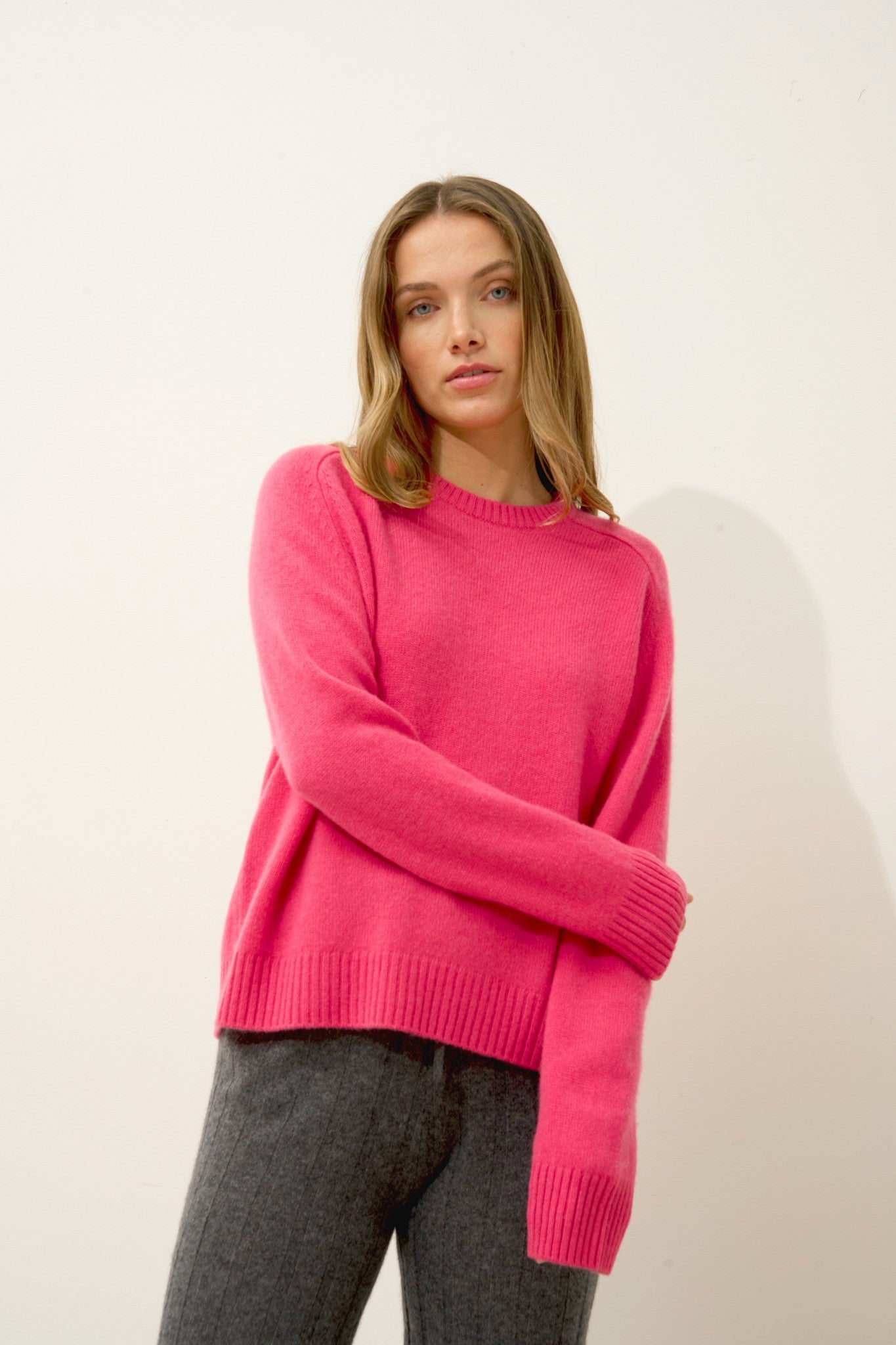 lavinia pull col rond 4 fils fraise 100% cachemire