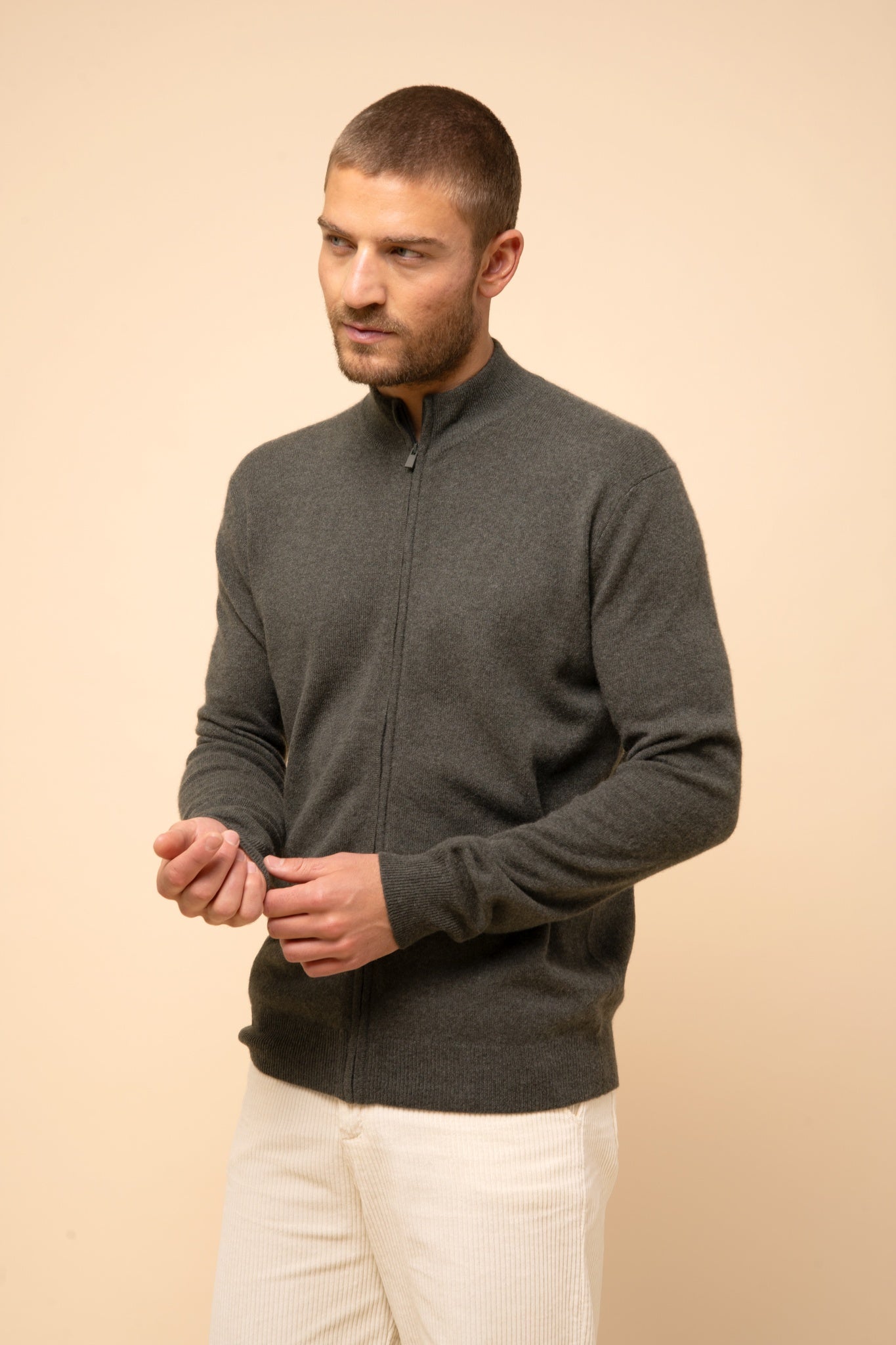 LILOU gilet col montant kaki chiné