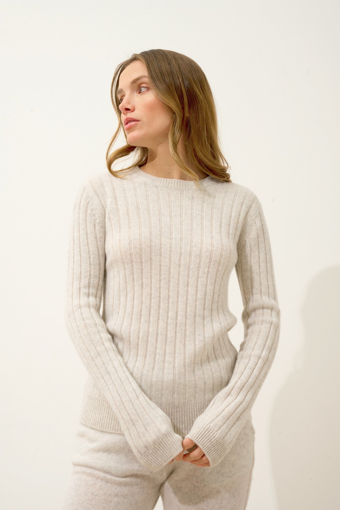 lorana pull col rond 4 fils gris perle chiné 100% cachemire