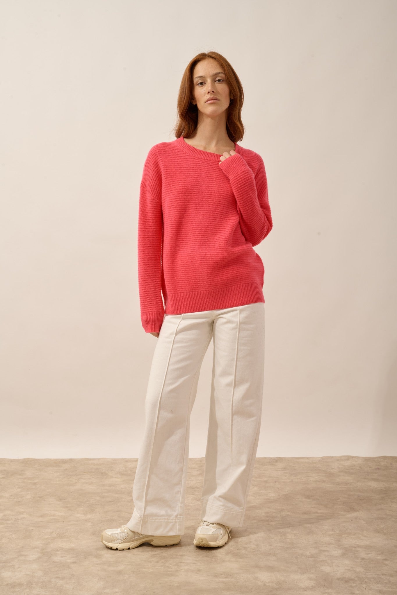 louna pull col rond 4 fils flamant rose