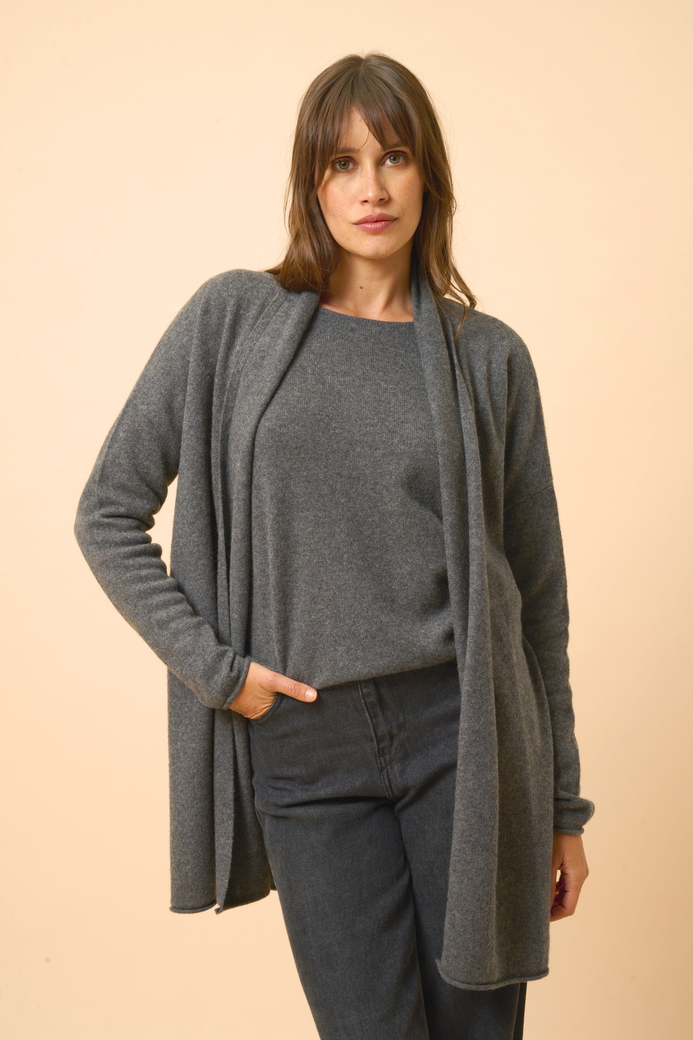 MADDIE shawl-collar cardigan anthracite mottled