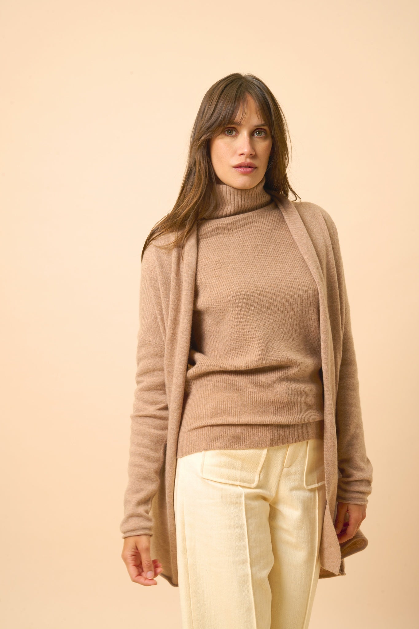 MADDIE shawl-collar cardigan camel mottled