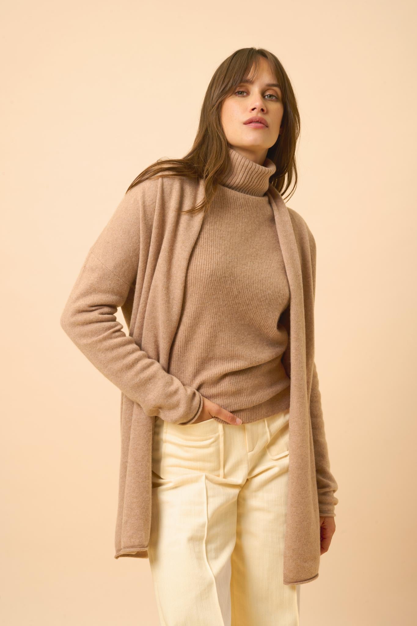 MADDIE shawl-collar cardigan camel mottled