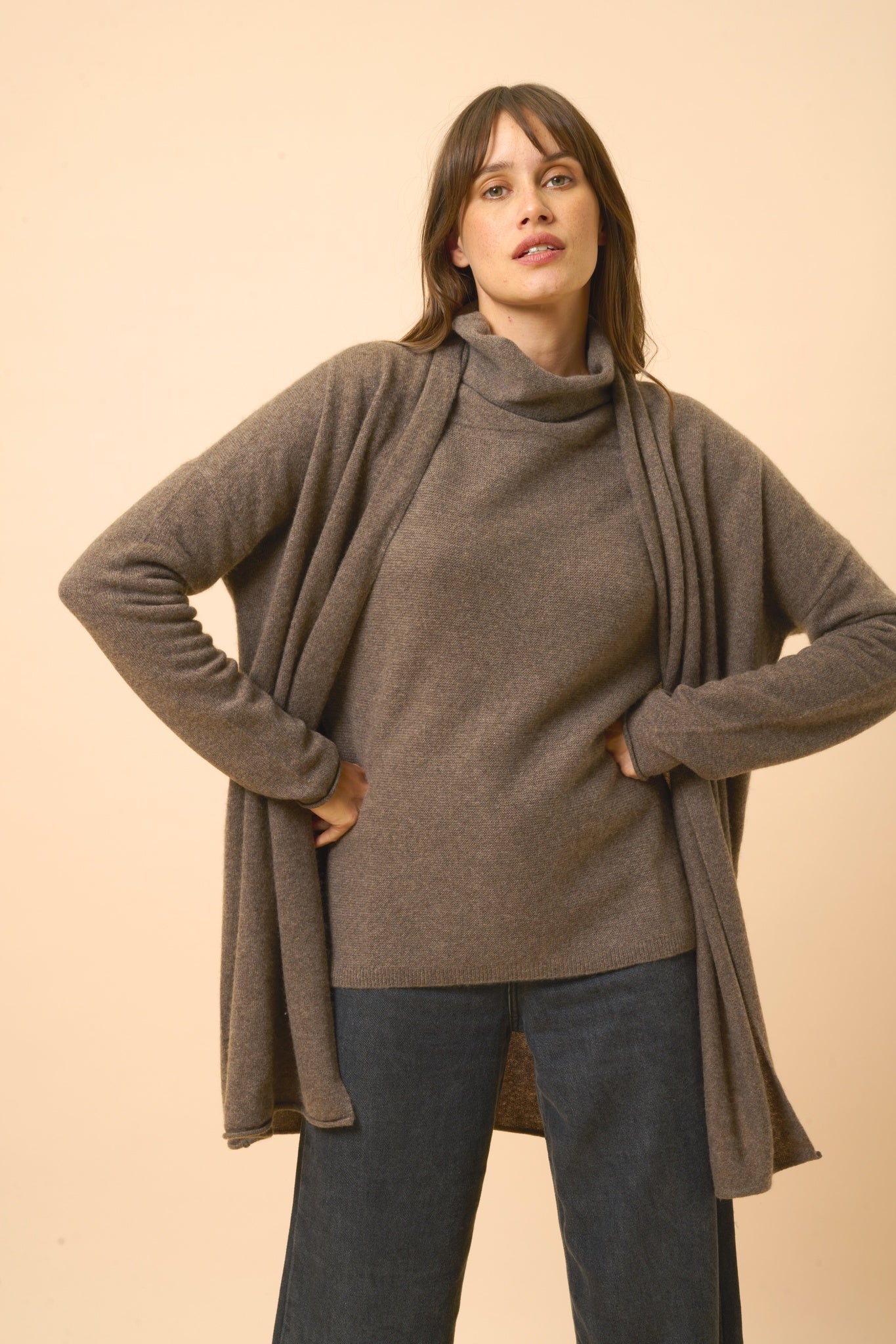 MADDIE mottled taupe shawl-collar cardigan