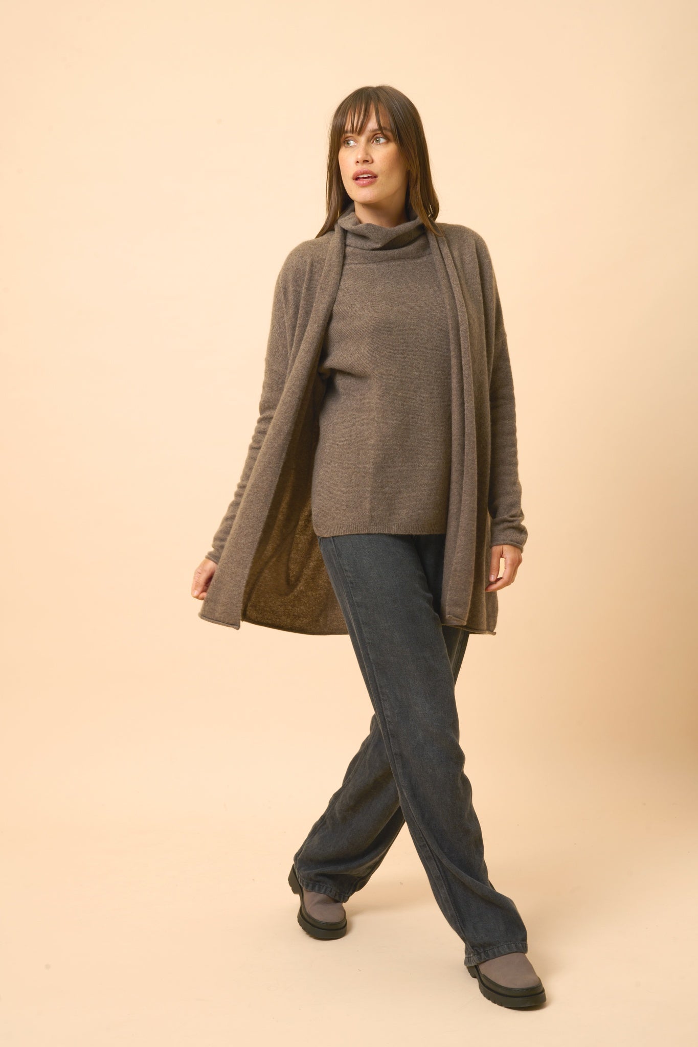 MADDIE mottled taupe shawl-collar cardigan