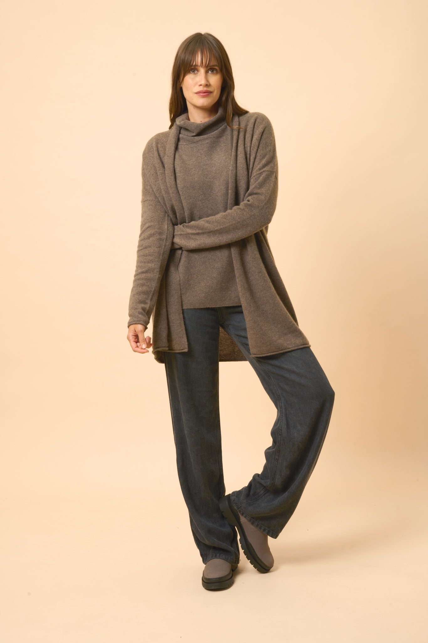 MADDIE mottled taupe shawl-collar cardigan