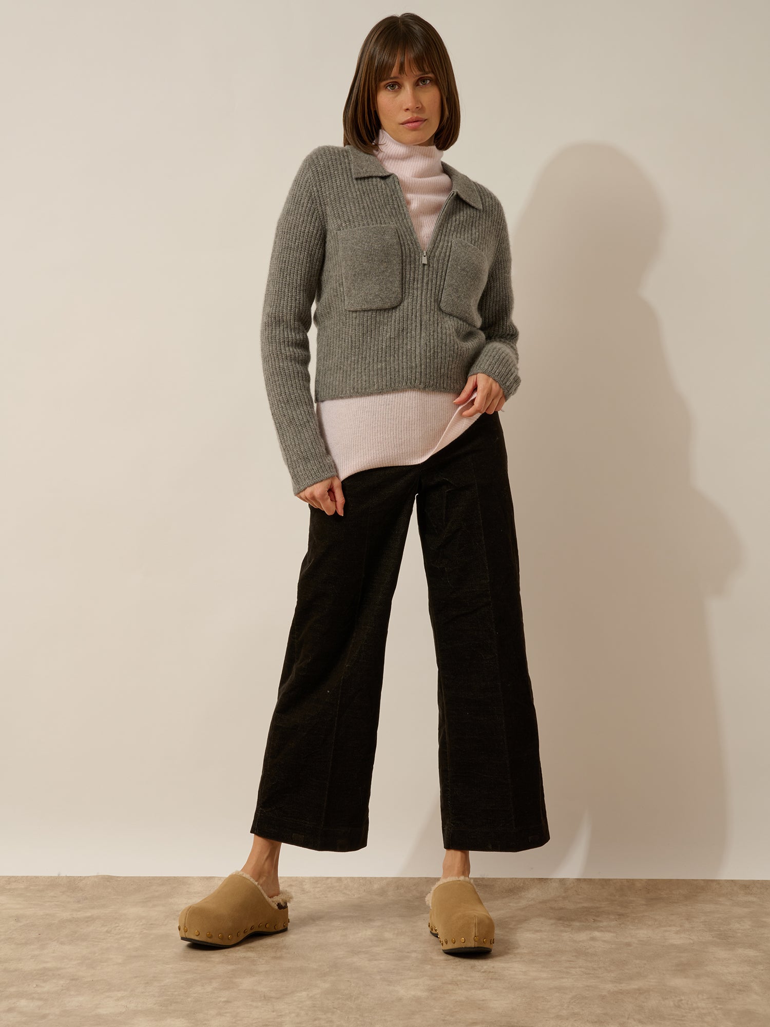 MARGARETHE veste courte zippée col chemise 4 fils flanelle chiné