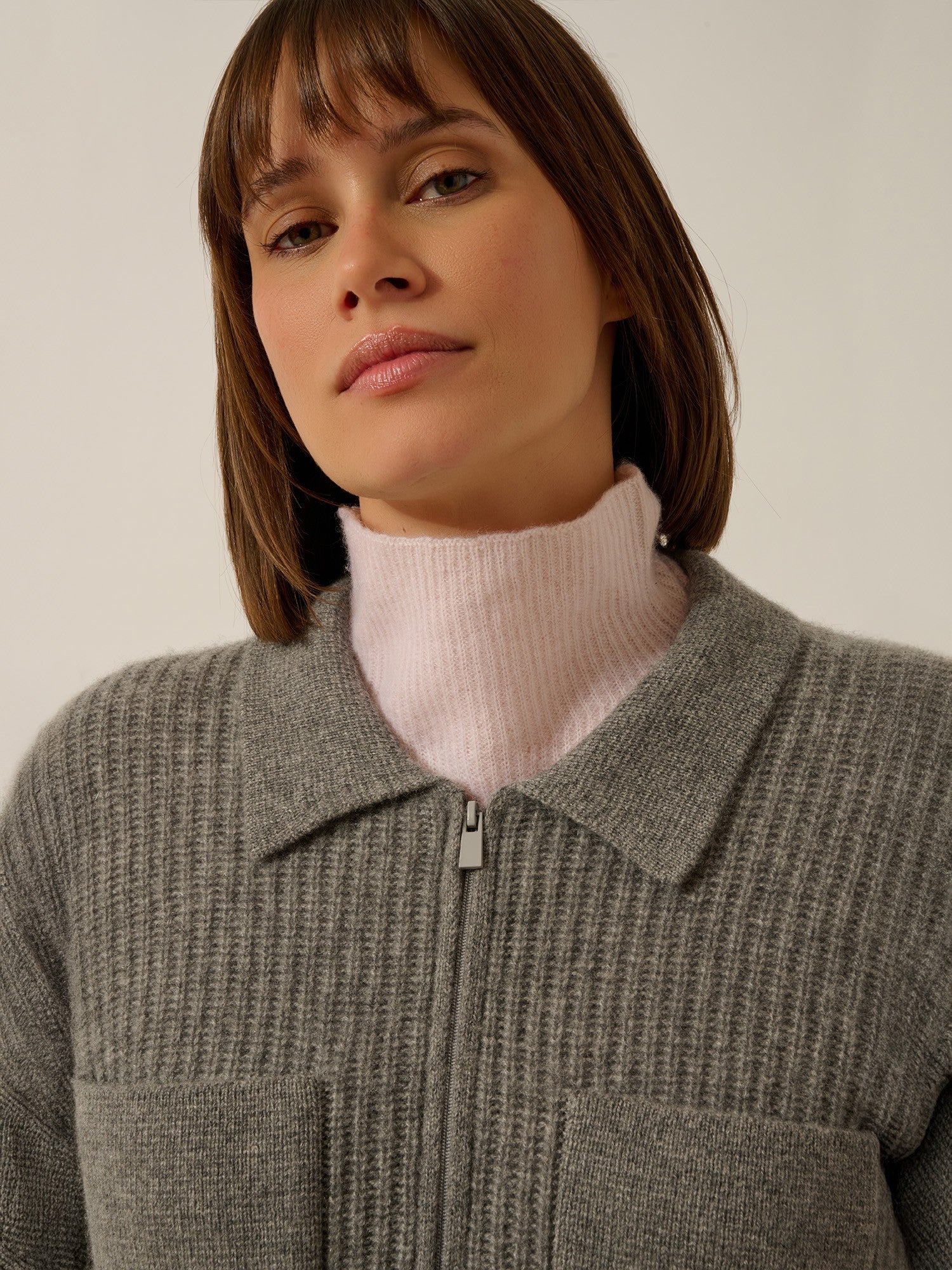 Margarethe short zippered jacket with shirt collar, 4-thread heathered flannel