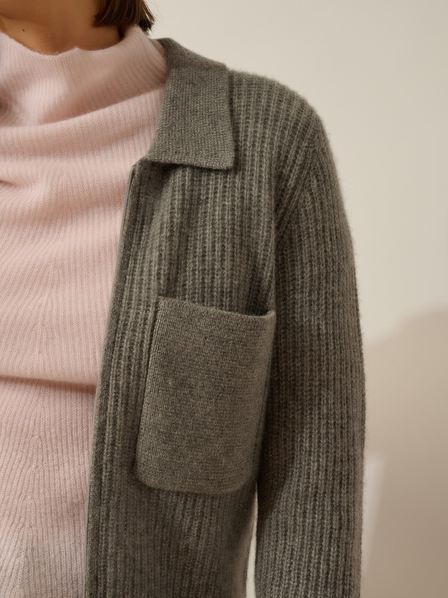 Margarethe short zippered jacket with shirt collar, 4-thread heathered flannel