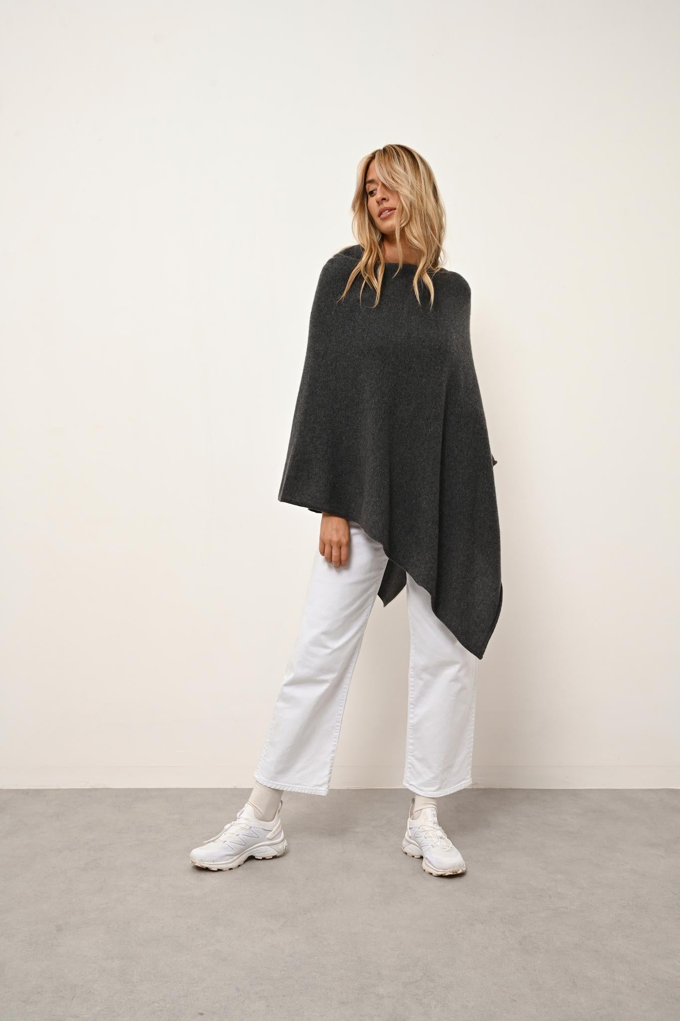 MEREDITH boat-neck poncho anthracite mottled