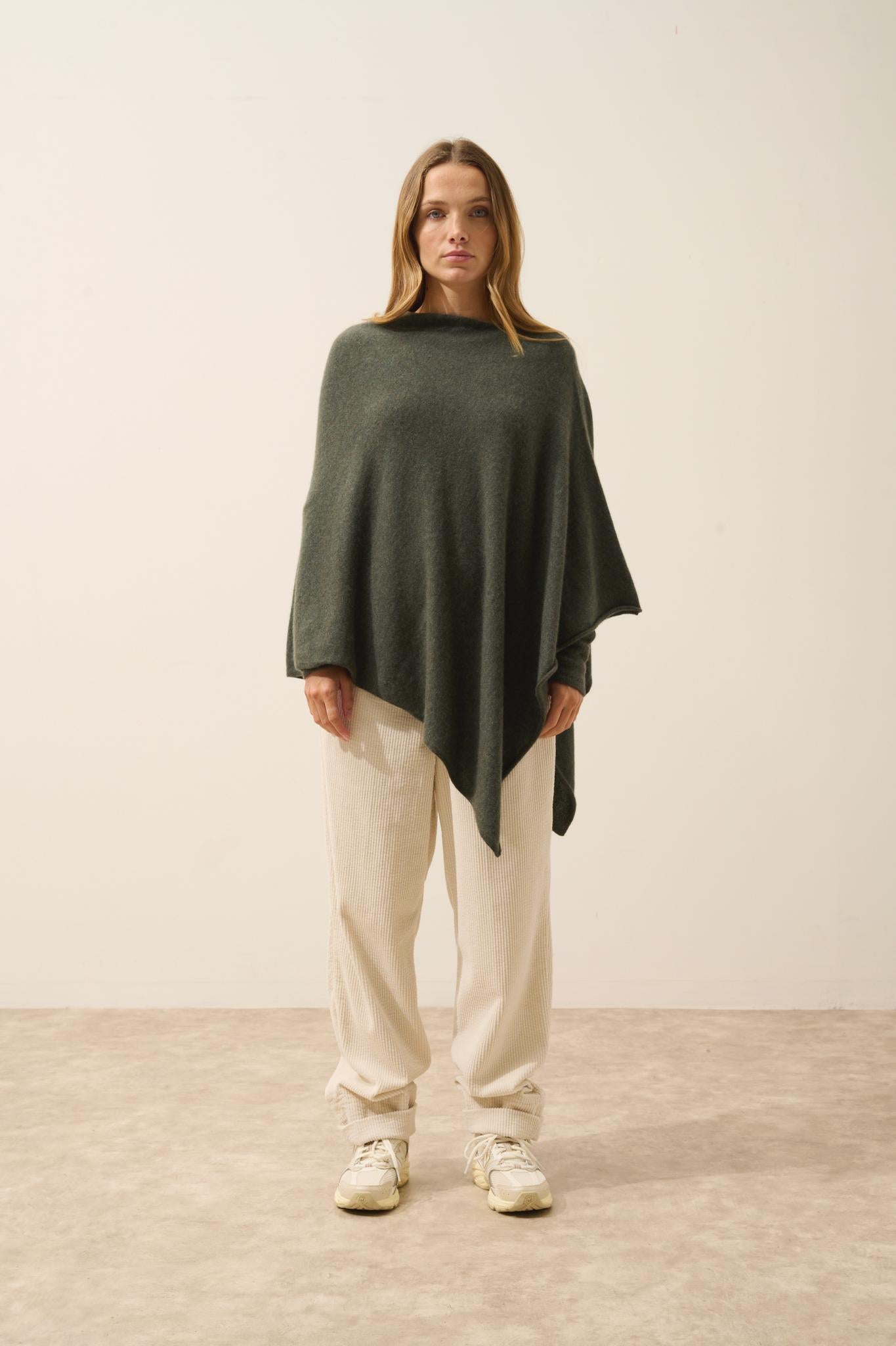 MEREDITH khaki mottled boat-neck poncho