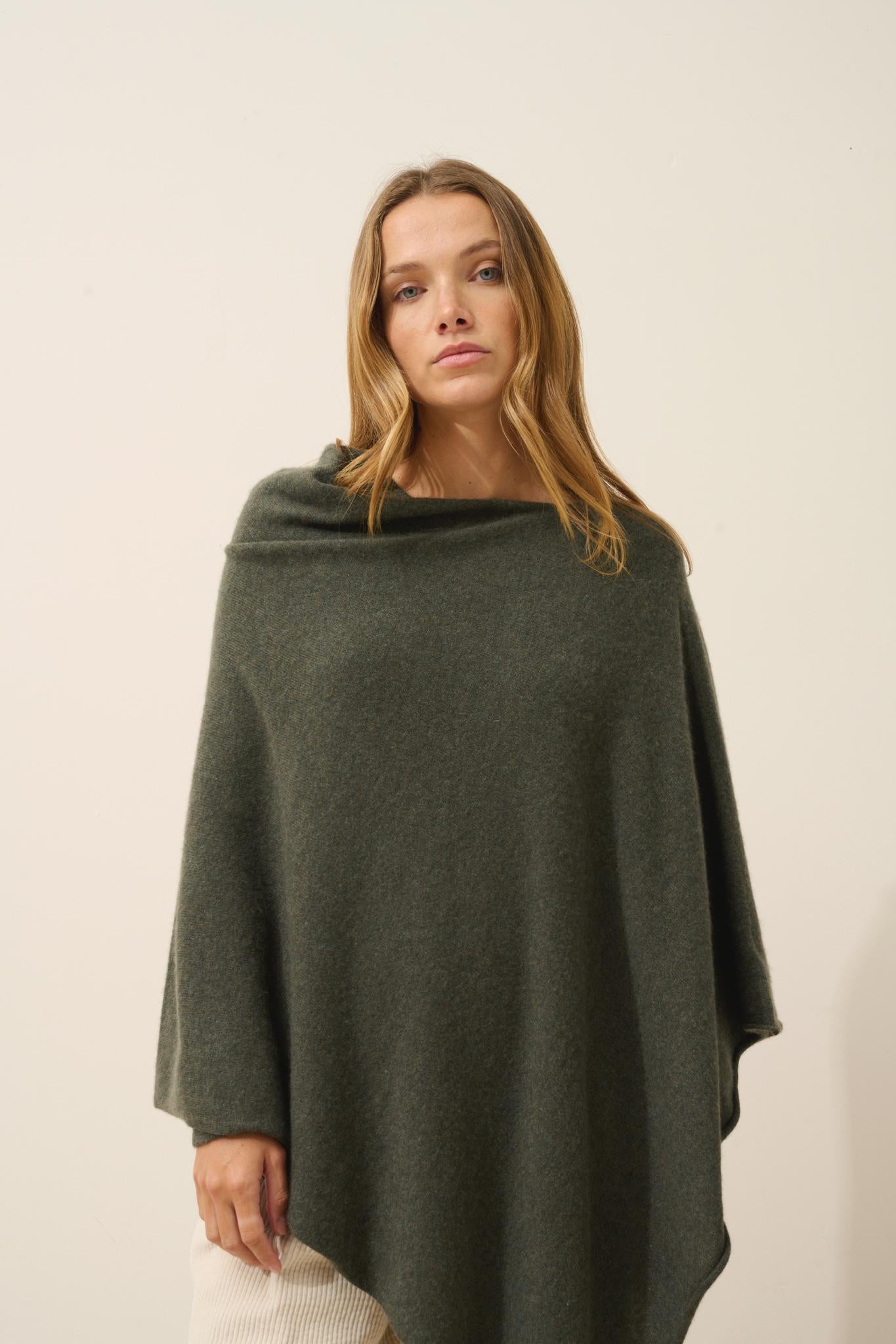 MEREDITH khaki mottled boat-neck poncho