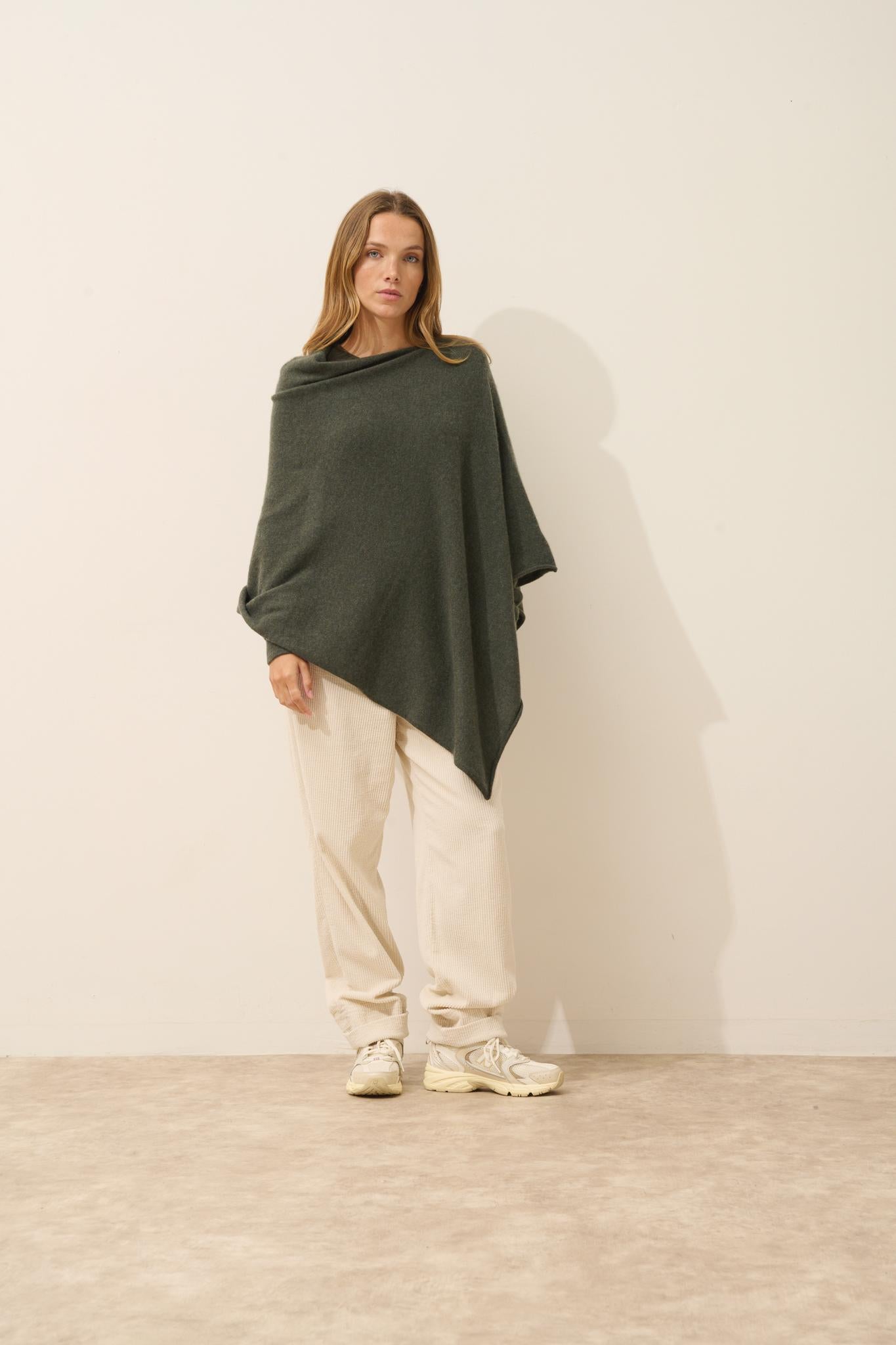 MEREDITH khaki mottled boat-neck poncho