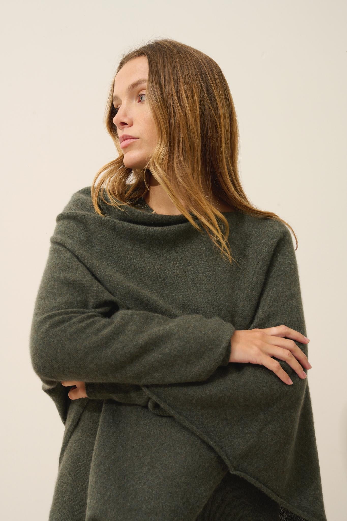 MEREDITH khaki mottled boat-neck poncho