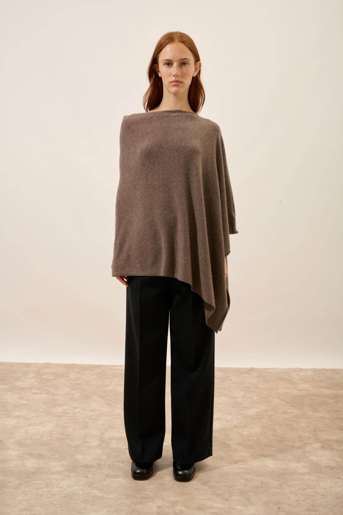 MEREDITH taupe mottled boat-neck poncho