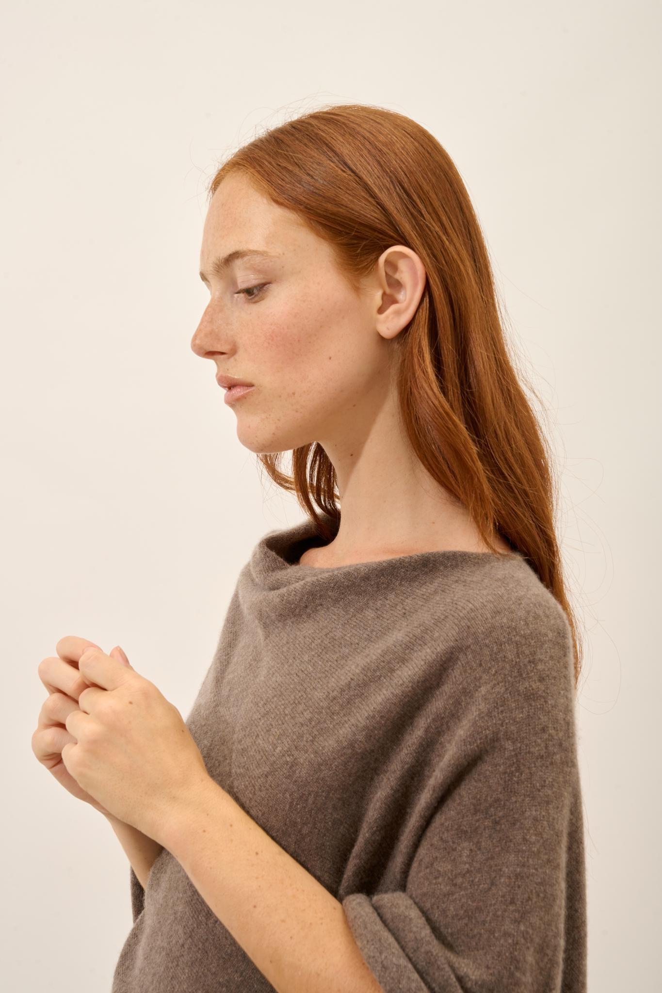 MEREDITH taupe mottled boat-neck poncho