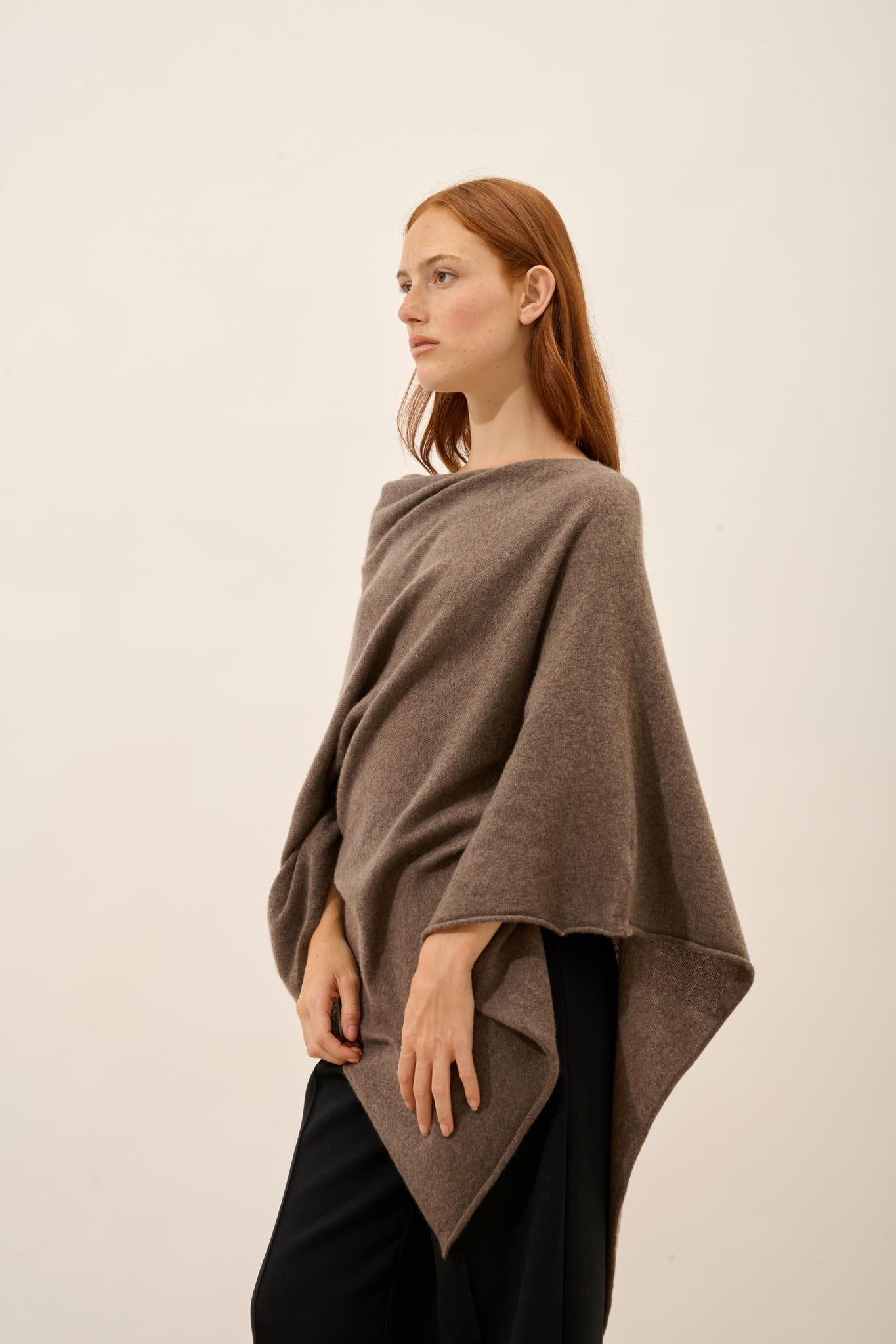 MEREDITH taupe mottled boat-neck poncho
