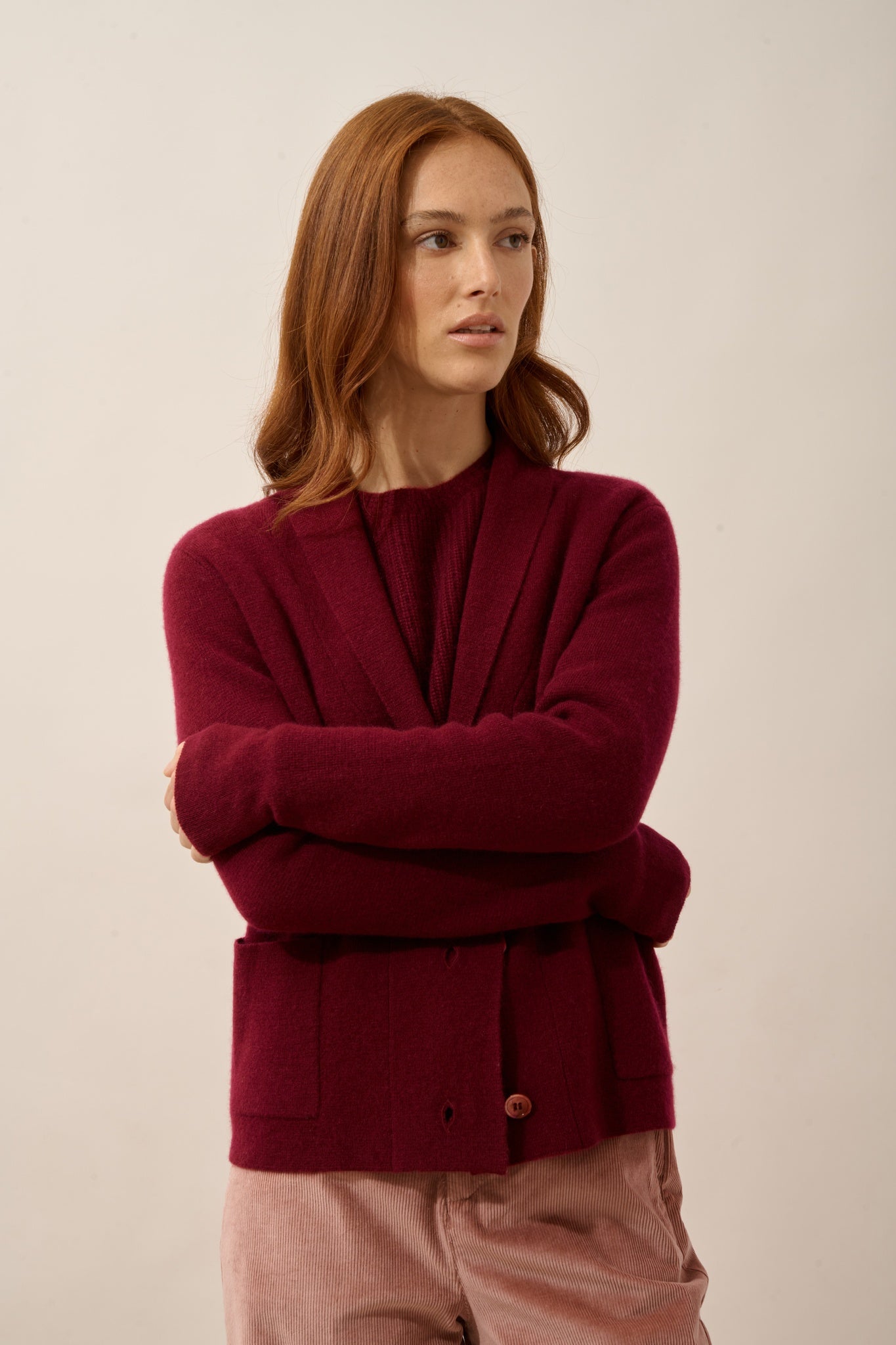 MILA burgundy button-down jacket with shawl collar