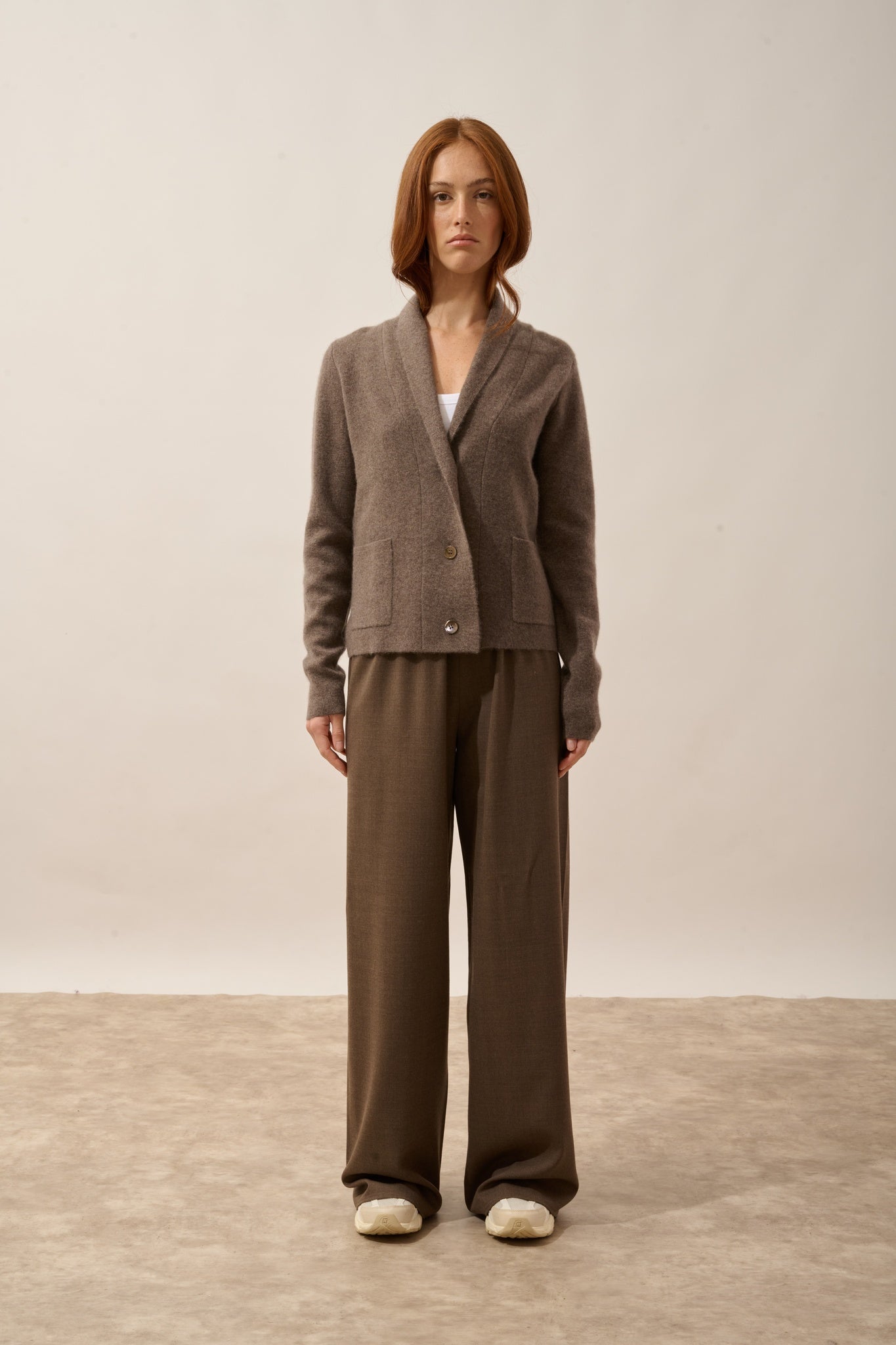 MILA veste boutonnée col châle taupe chiné