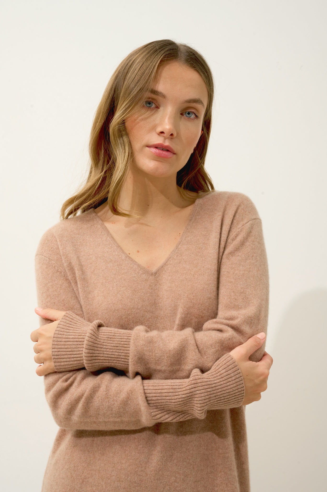 MILEYA robe col v camel chiné