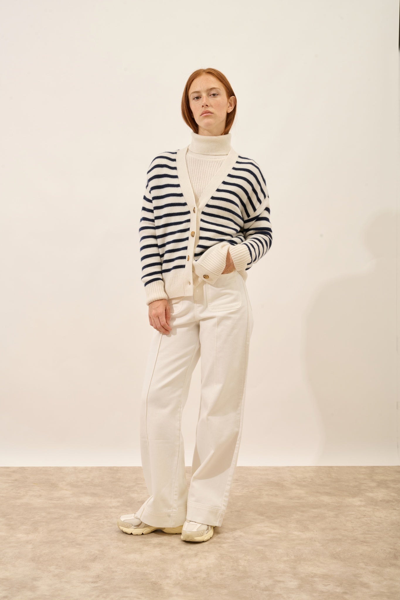 MIRENA cardigan col v 4 fils bi-color navy/ivoire