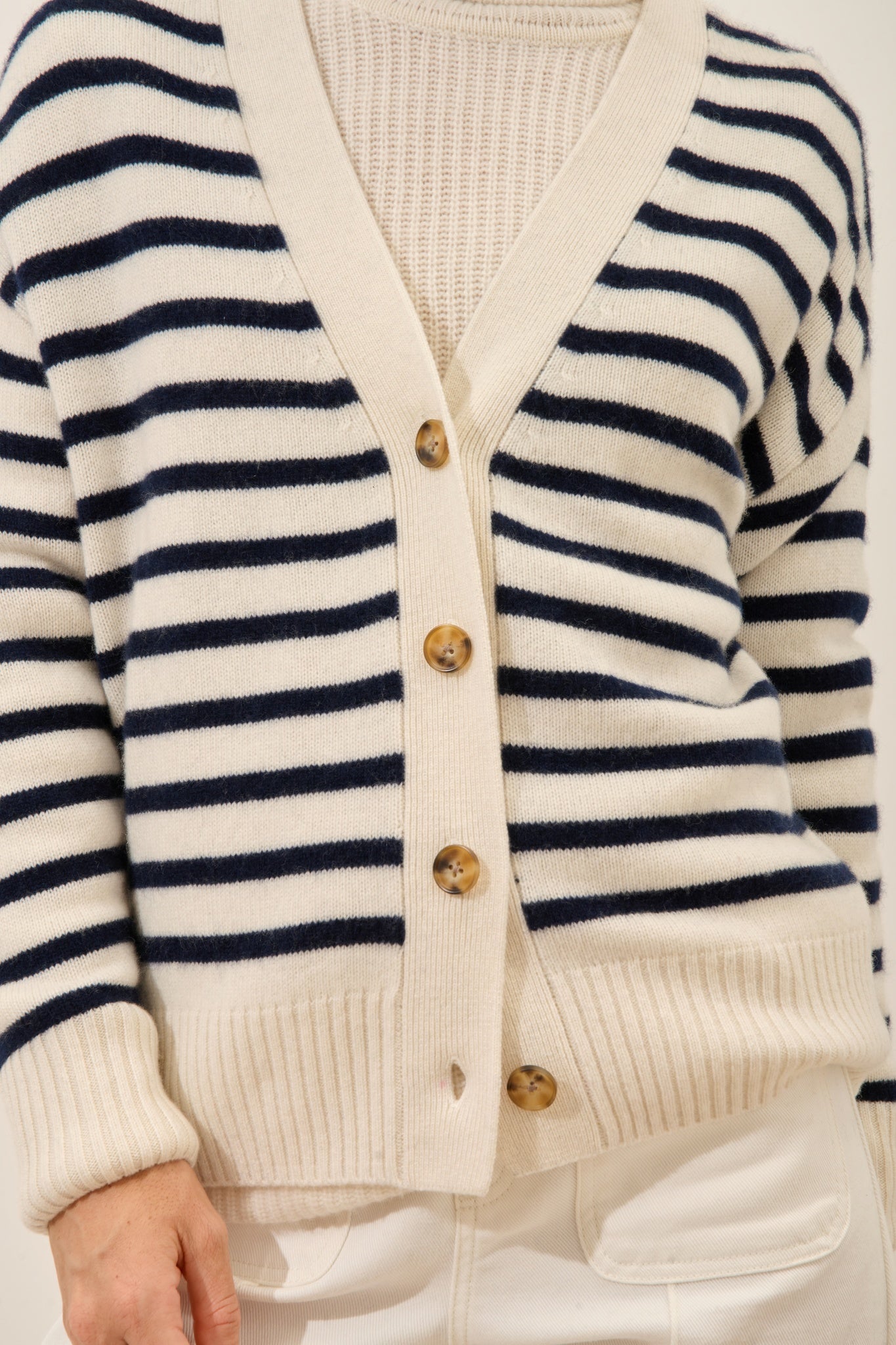MIRENA cardigan col v 4 fils bi-color navy/ivoire