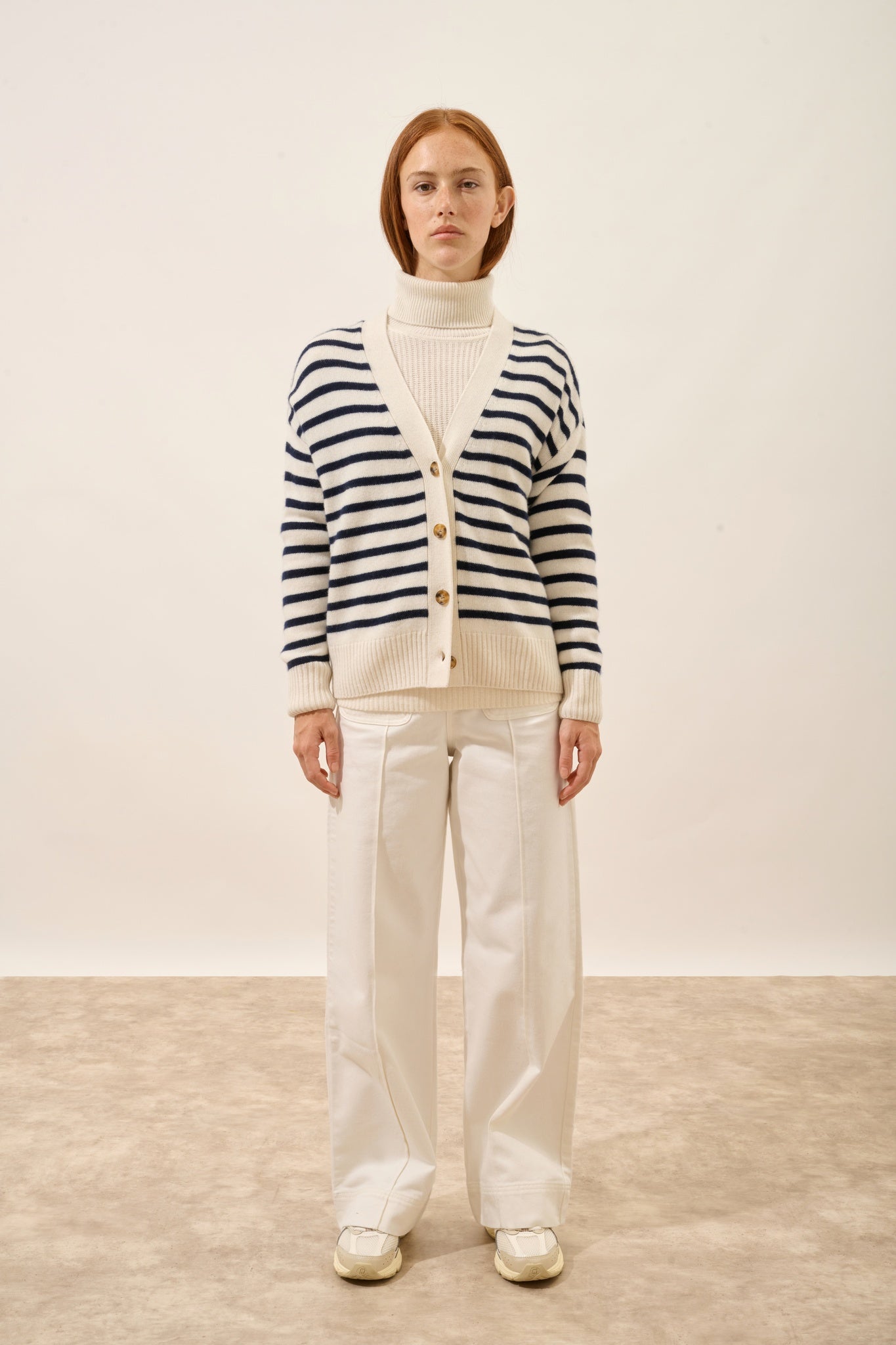 MIRENA cardigan col v 4 fils bi-color navy/ivoire