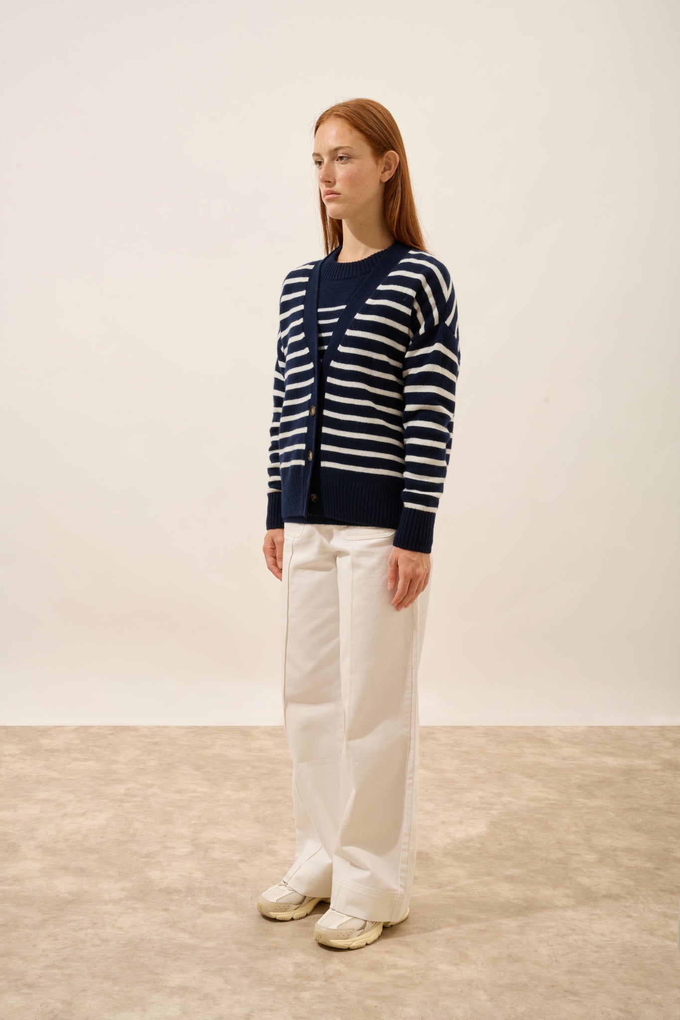 MIRENA cardigan col v 4 fils bi-color navy/ivoire