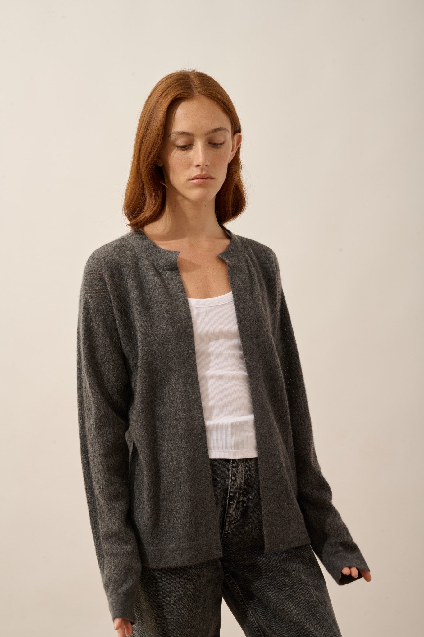 mya gilet ouvert col rond anthracite chiné