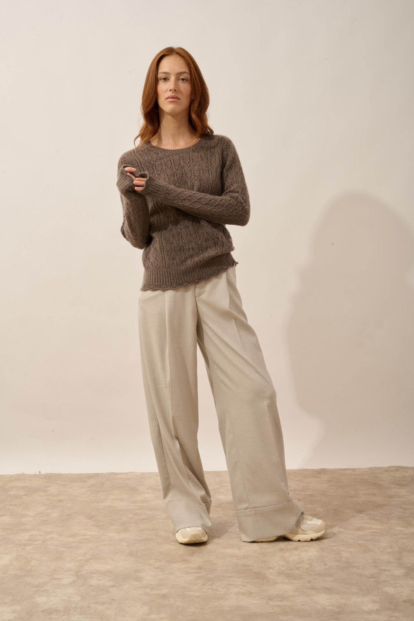 nadia pull col rond 8 fils taupe chiné