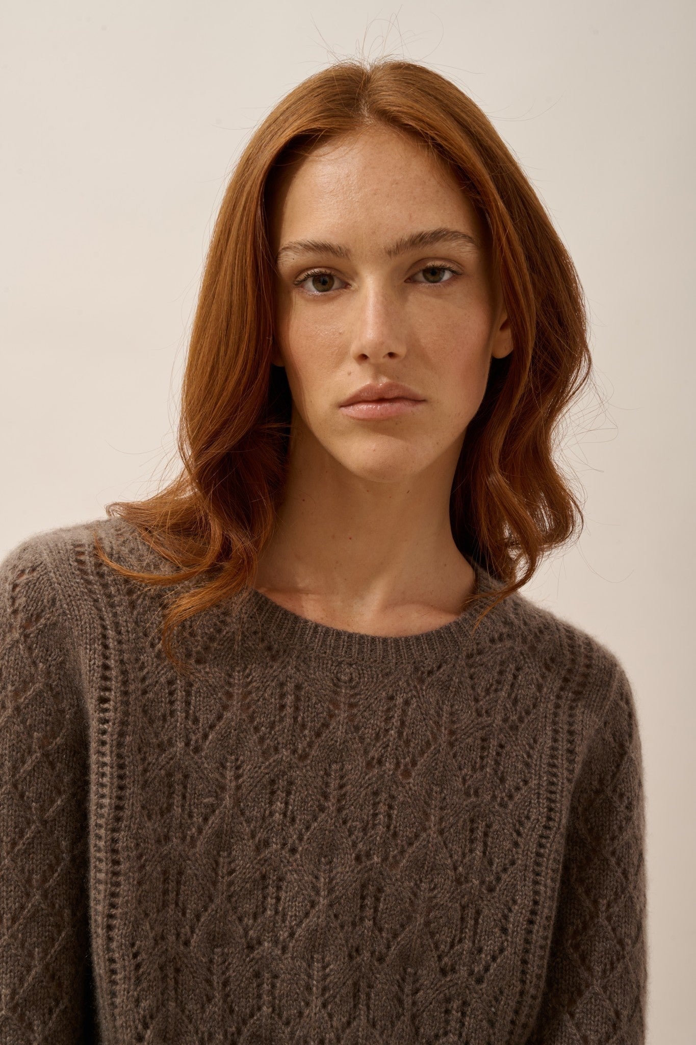 Nadia round neck sweater, 8-ply taupe melange