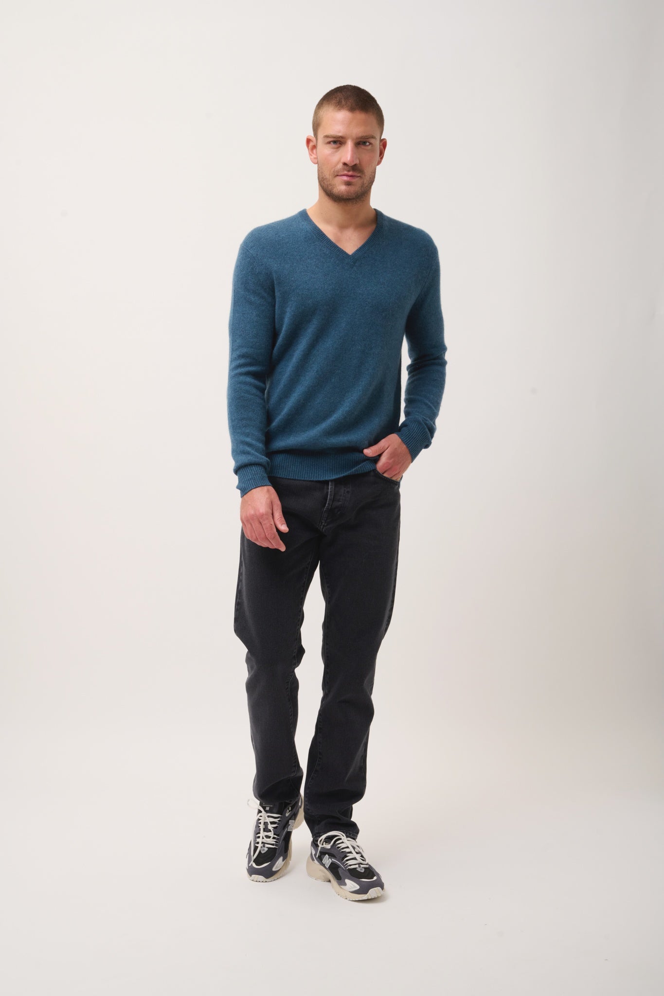 NATHAN mottled duck green V-neck sweater